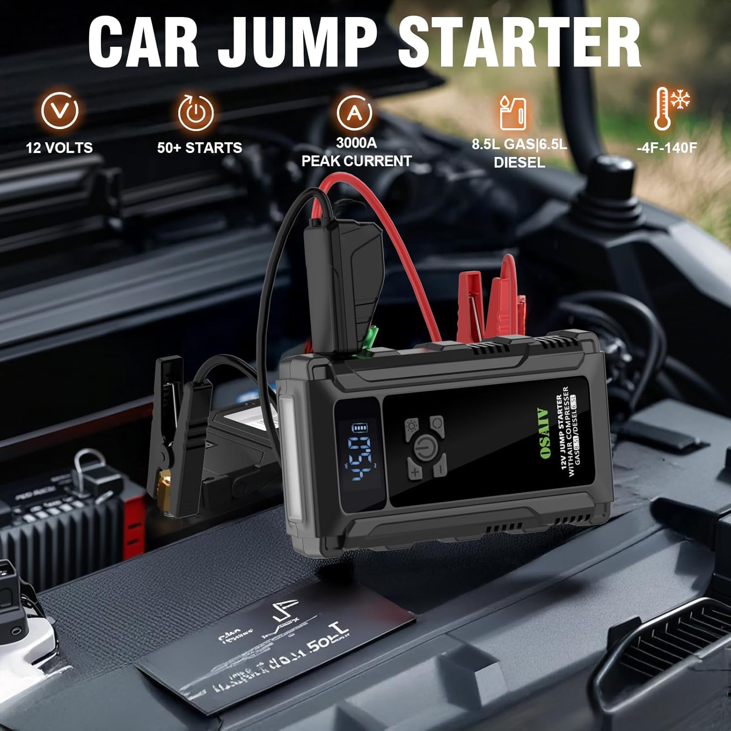 Jump Starter with Air Compressor, 3000A Car Battery Jump Box for 8.5 Gas/6.5L Diesel Vehicles, 150PSI Tire Inflator Auto-Shutoff, Safety Modes, 3-Mode Emergency Light