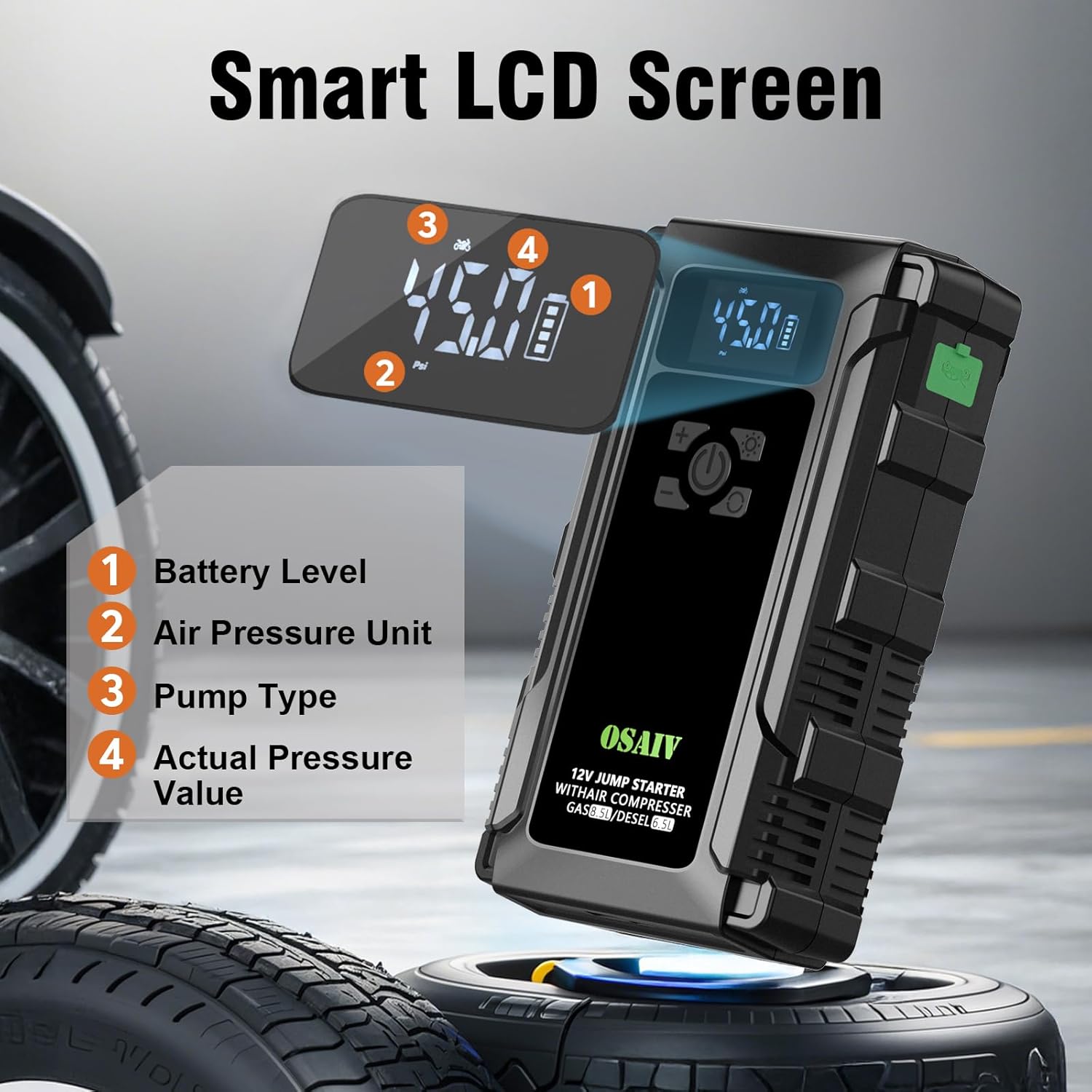 Jump Starter with Air Compressor, 3000A Car Battery Jump Box for 8.5 Gas/6.5L Diesel Vehicles, 150PSI Tire Inflator Auto-Shutoff, Safety Modes, 3-Mode Emergency Light