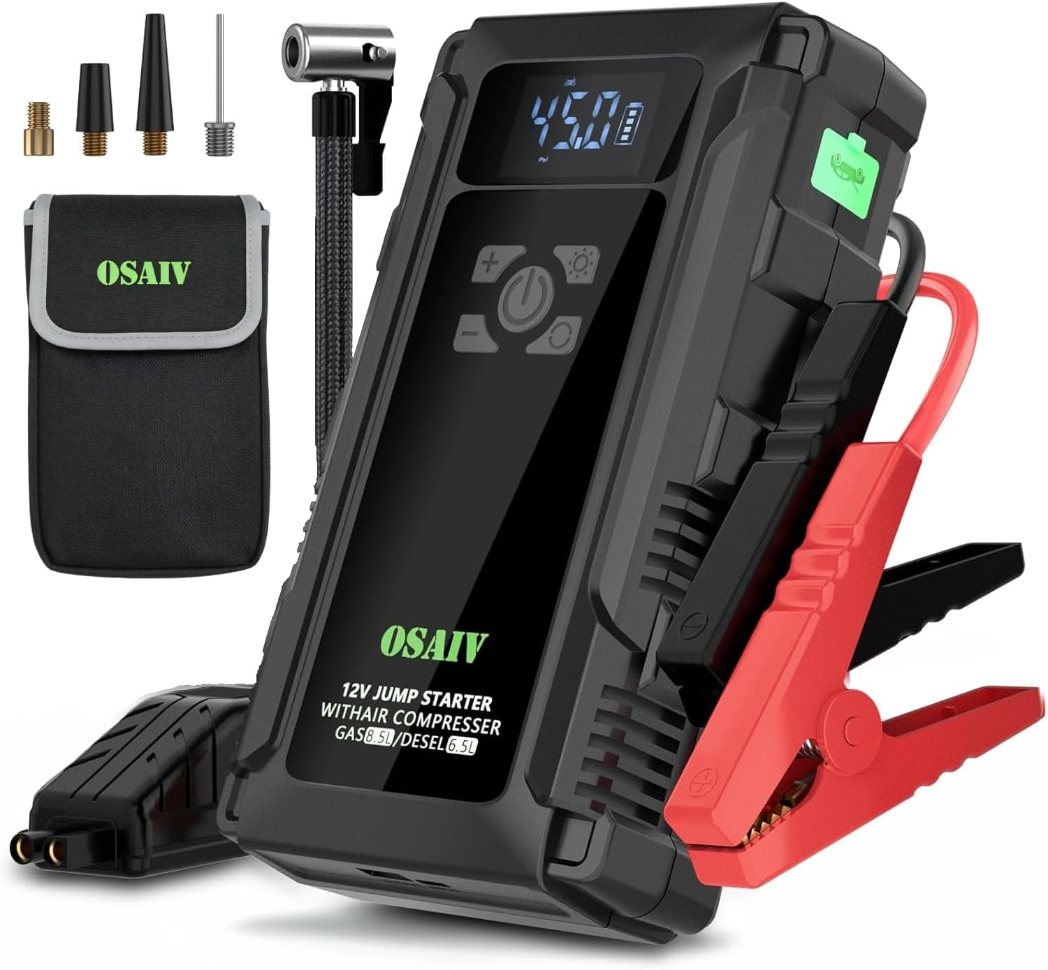 Jump Starter with Air Compressor, 3000A Car Battery Jump Box for 8.5 Gas/6.5L Diesel Vehicles, 150PSI Tire Inflator Auto-Shutoff, 10 Safety Modes, 3-Mode Emergency Light