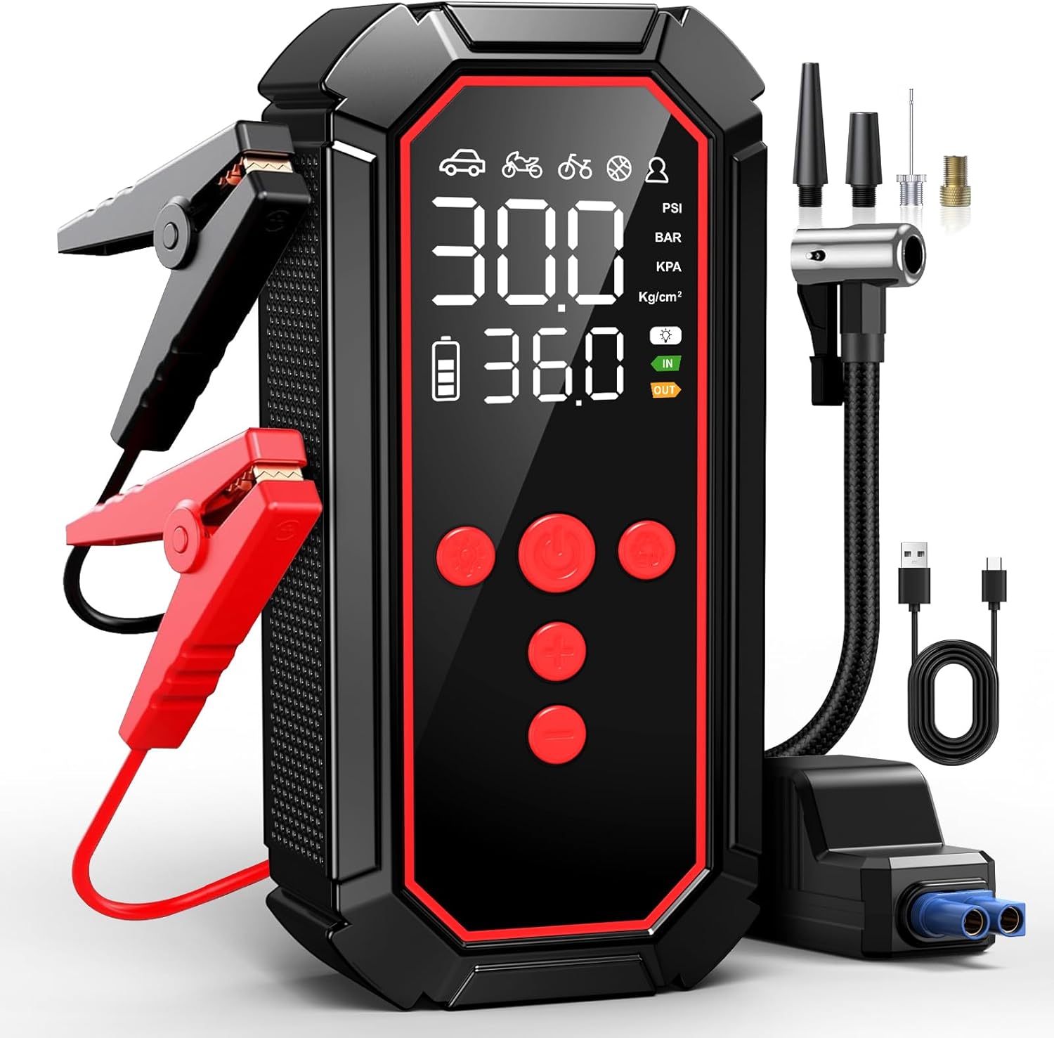 Jump Starter with Air Compressor 4000A Peak, Car Battery Jump Starter Portable (All Gas/10L Diesel),160PSI 12V Automobile Jump Box Pack Chargers with Jumper Cables 4-Mode LED Lights