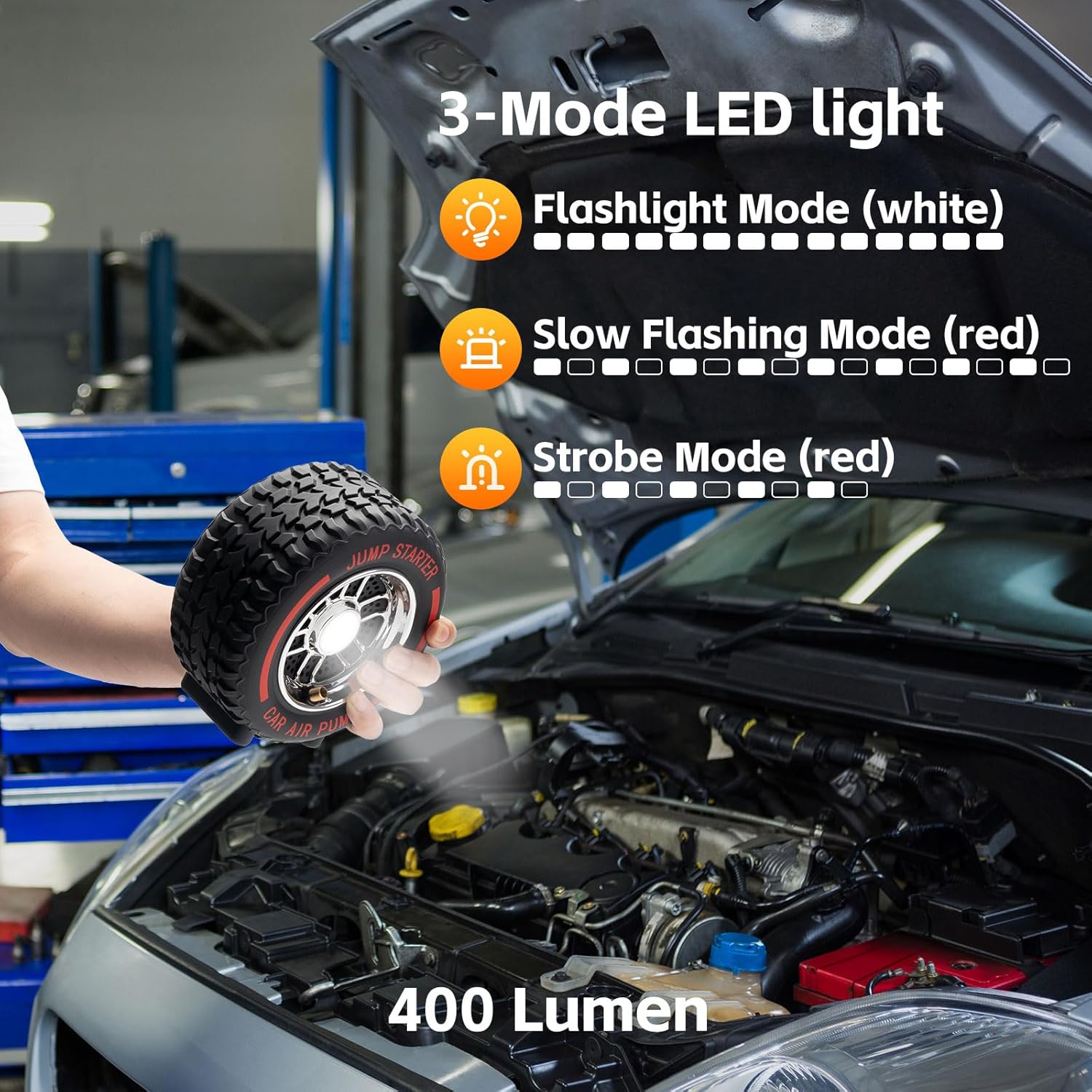 Jump Starter with Air Compressor, 5000A 150PSI Car Battery Jump Starter (All Gas/9.0L Diesel), 12V Jump Box Car Battery Jumper Starter Portable with Smart Jumper Cables, Tire Inflator, LED Light