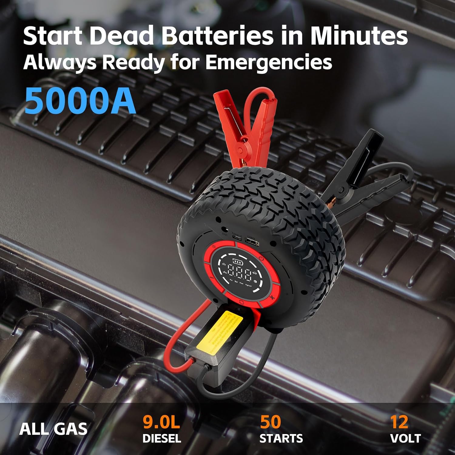 Jump Starter with Air Compressor, 5000A 150PSI Car Battery Jump Starter (All Gas/9.0L Diesel), 12V Jump Box Car Battery Jumper Starter Portable with Smart Jumper Cables, Tire Inflator, LED Light