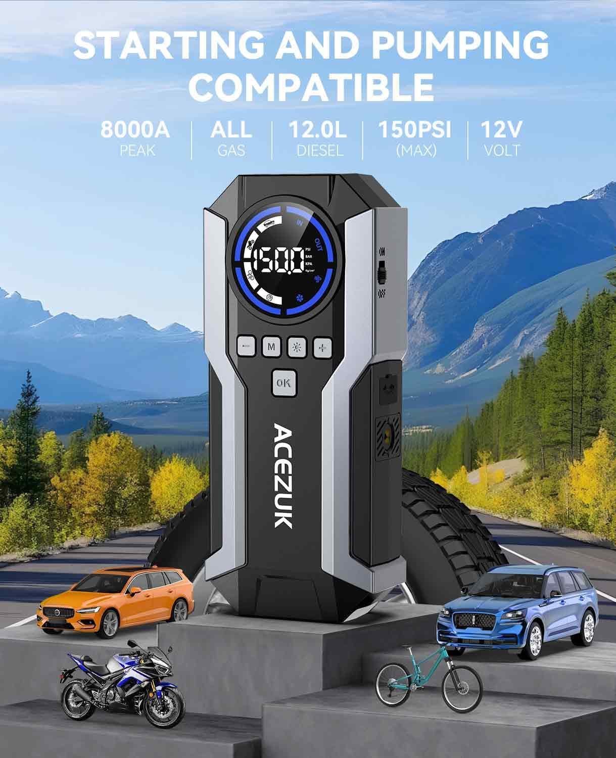 Jump Starter with Air Compressor, 8000A 150PSI Car Jump Starter (All Gas/12.0L Diesel), 12V Battery Jump Starters, Portable Jumper Cables, LCD Display and LED Lights