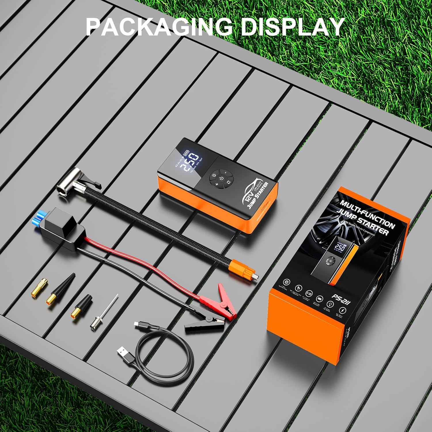 Jump Starter with Air Compressor, 8000A 180PSI, Portable Car Battery Jump Starter (All Gas/12L Diesel) 12V Automobile Jump Box Pack Chargers with Jumper Cables, 4-Mode LED Lights