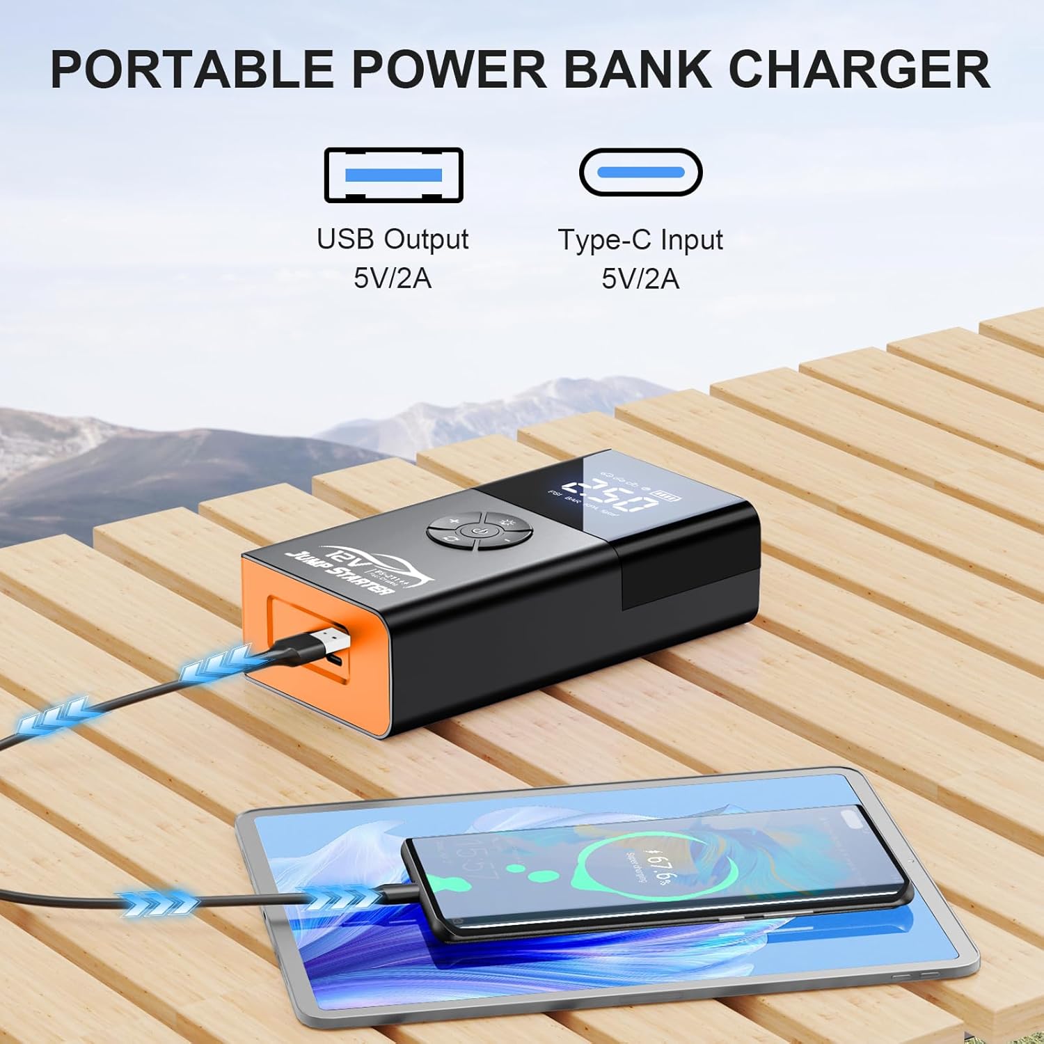 Jump Starter with Air Compressor, 8000A 180PSI, Portable Car Battery Jump Starter (All Gas/12L Diesel) 12V Automobile Jump Box Pack Chargers with Jumper Cables, 4-Mode LED Lights