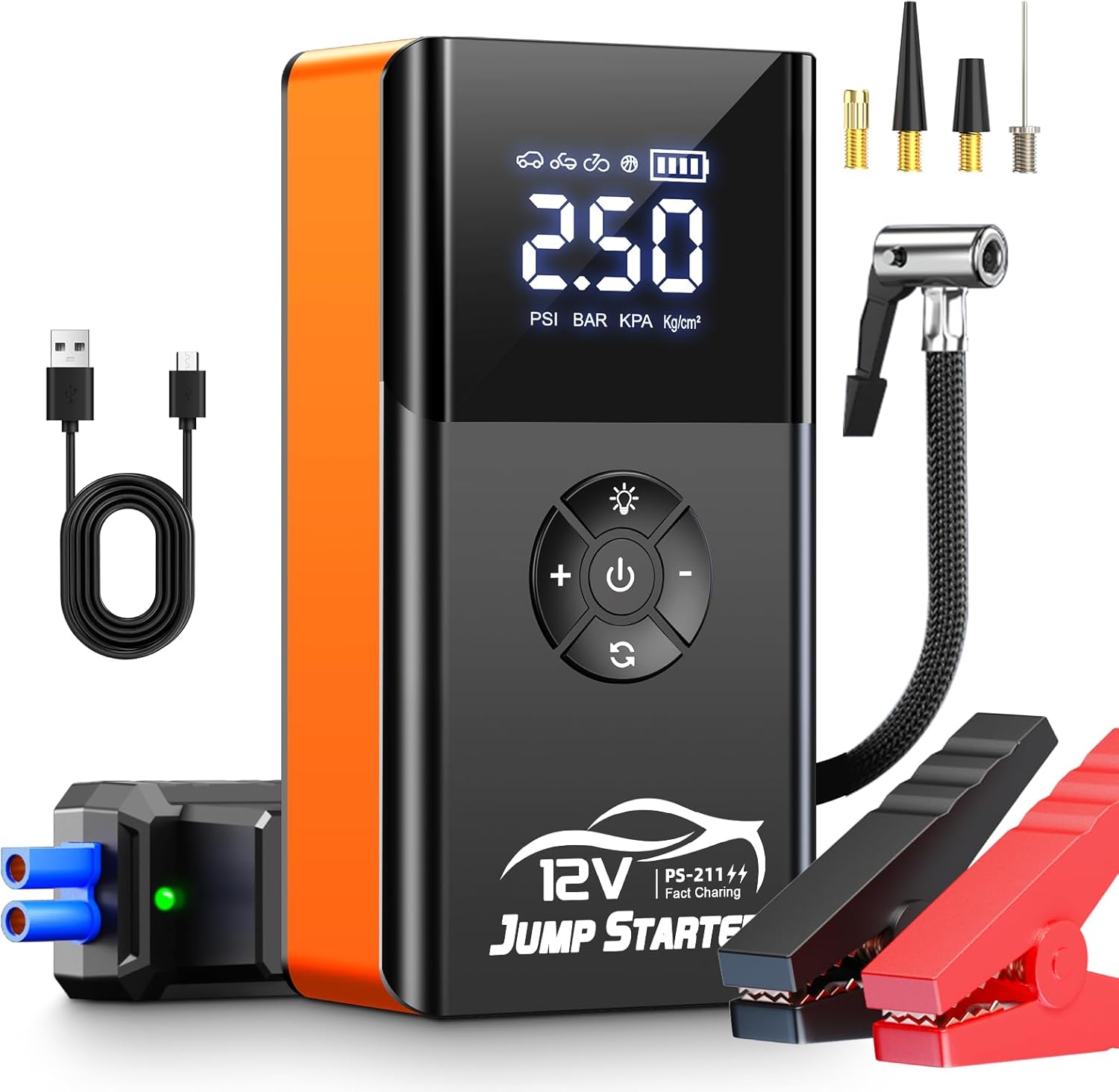 Jump Starter with Air Compressor, 8000A 180PSI, Portable Car Battery Jump Starter (All Gas/12L Diesel) 12V Automobile Jump Box Pack Chargers with Jumper Cables, 4-Mode LED Lights