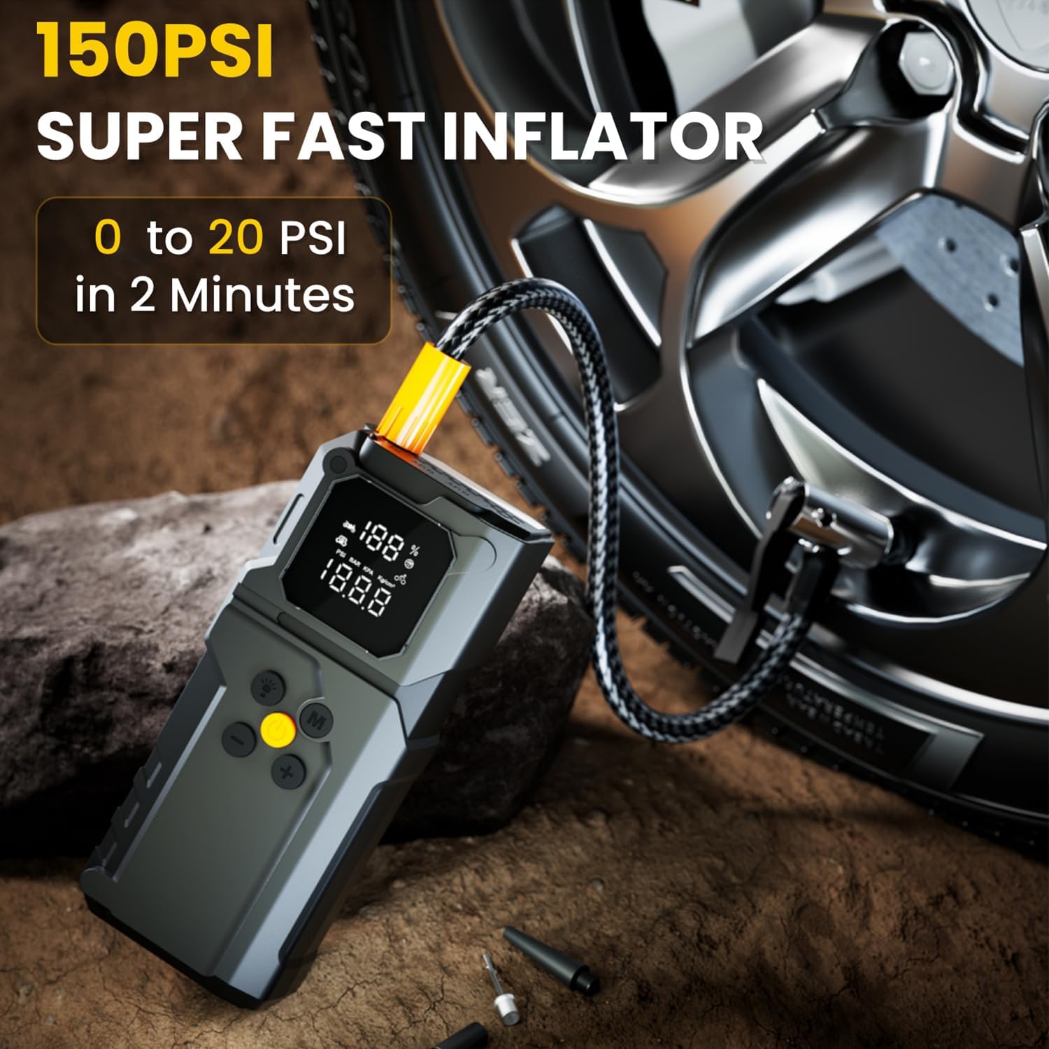 Jump Starter with Air Compressor, Jump Box 4000A Portable Jump Starter (9.0L Gas/7.0L Diesel), 12V Car Battery Jumper Starter with 150PSI Tire Inflator, Display, Mode Flashlight