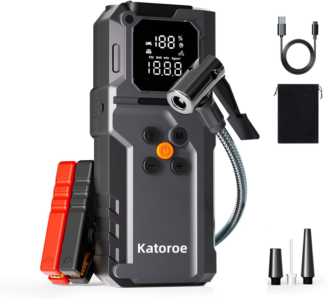 Jump Starter with Air Compressor, Jump Box 4000A Portable Jump Starter (9.0L Gas/7.0L Diesel), 12V Car Battery Jumper Starter with 150PSI Tire Inflator, Display, Mode Flashlight