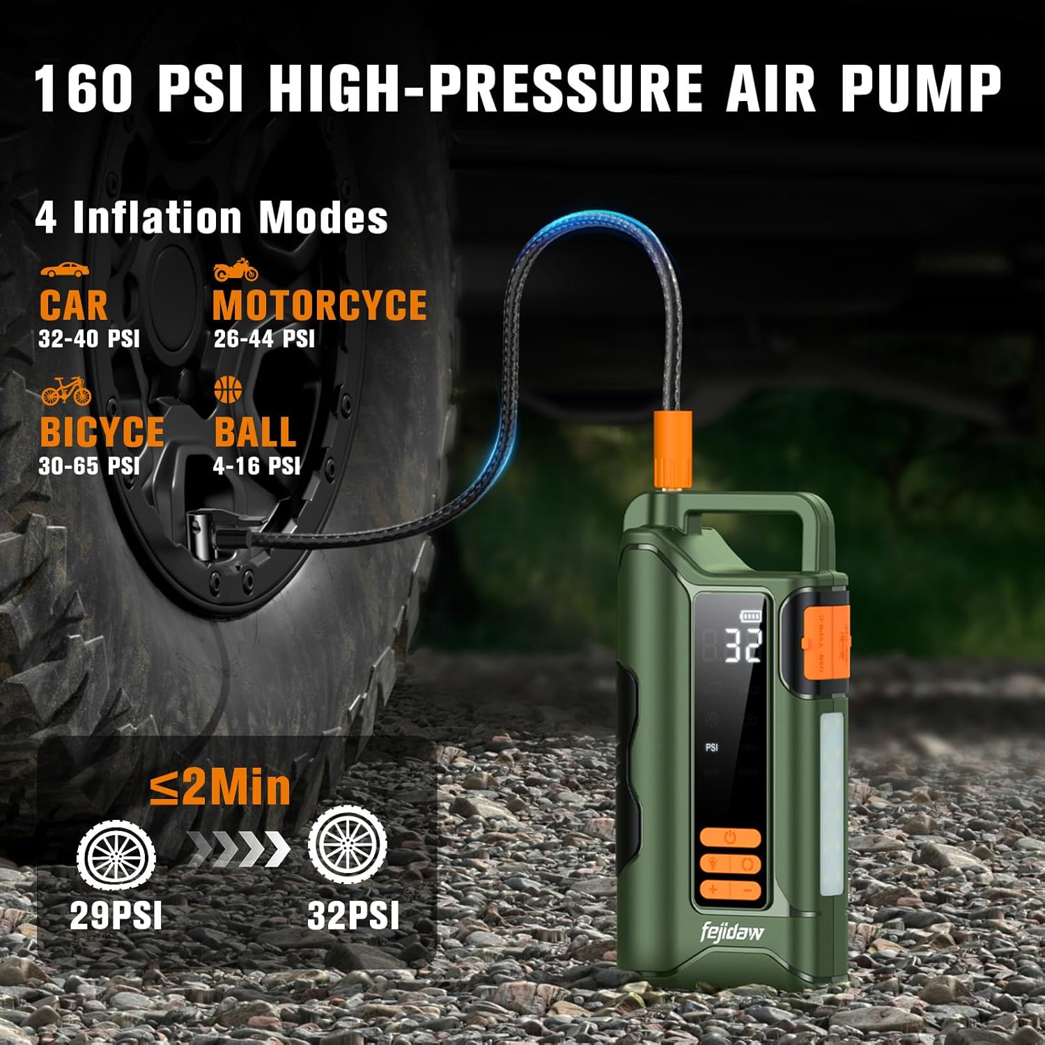 Jump Starter with Air Compressor,5000A Car Battery Jumper Starter, 16000mAh Battery Jumper Starter Portable for 10L Gas/Diesel Engine with 160PSI Booster,LED Display  Light,Jumper Cables