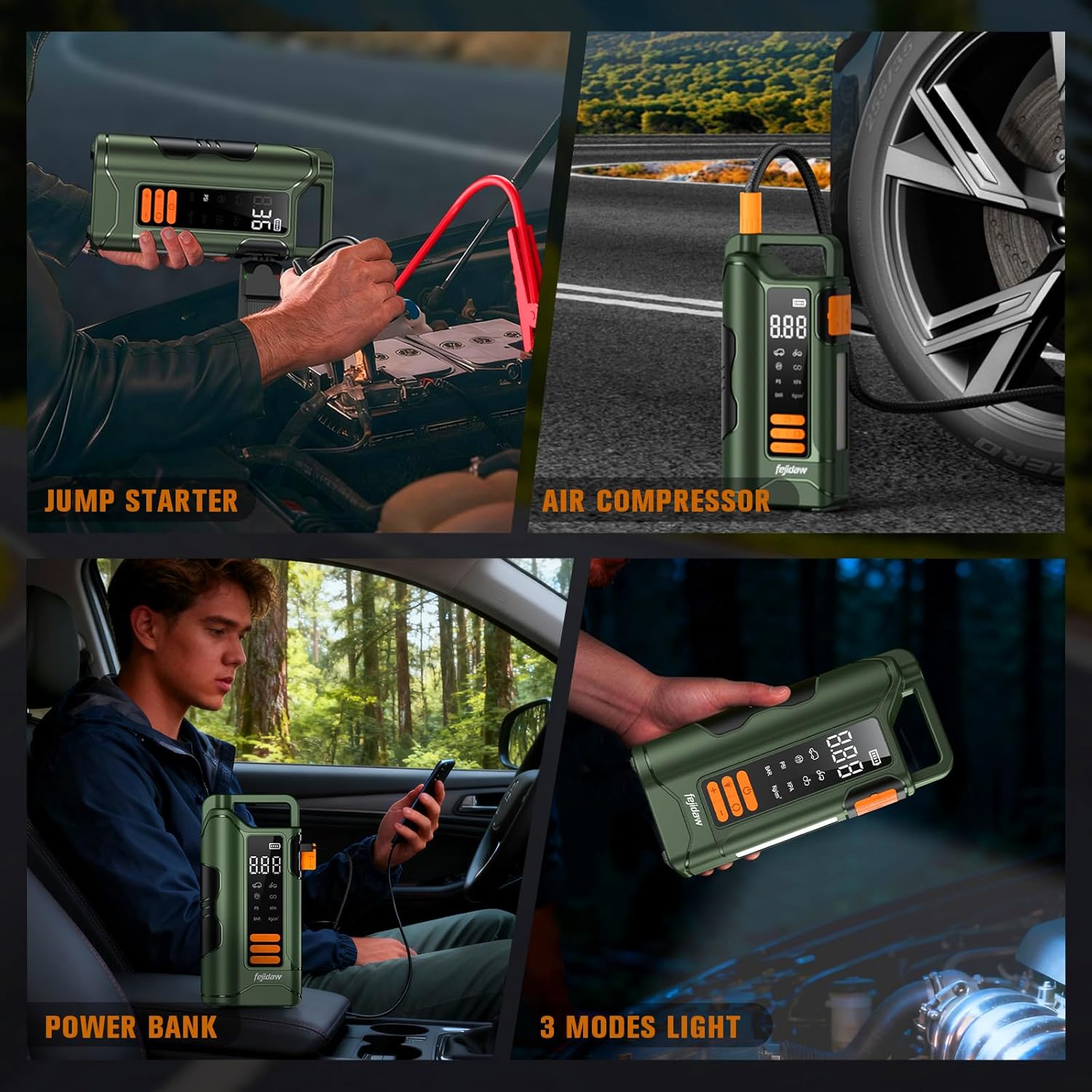 Jump Starter with Air Compressor,5000A Car Battery Jumper Starter, 16000mAh Battery Jumper Starter Portable for 10L Gas/Diesel Engine with 160PSI Booster,LED Display  Light,Jumper Cables