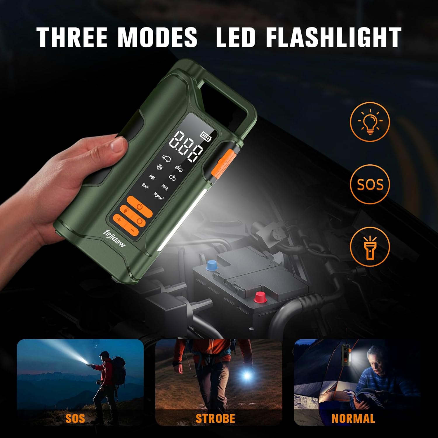 Jump Starter with Air Compressor,5000A Car Battery Jumper Starter, 16000mAh Battery Jumper Starter Portable for 10L Gas/Diesel Engine with 160PSI Booster,LED Display & Light,Jumper Cables