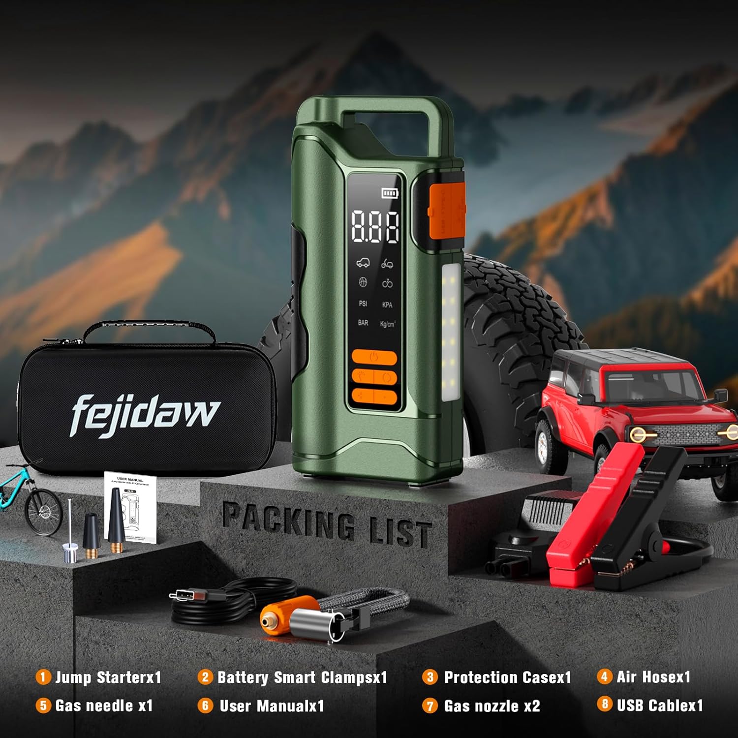Jump Starter with Air Compressor,5000A Car Battery Jumper Starter, 16000mAh Battery Jumper Starter Portable for 10L Gas/Diesel Engine with 160PSI Booster,LED Display  Light,Jumper Cables