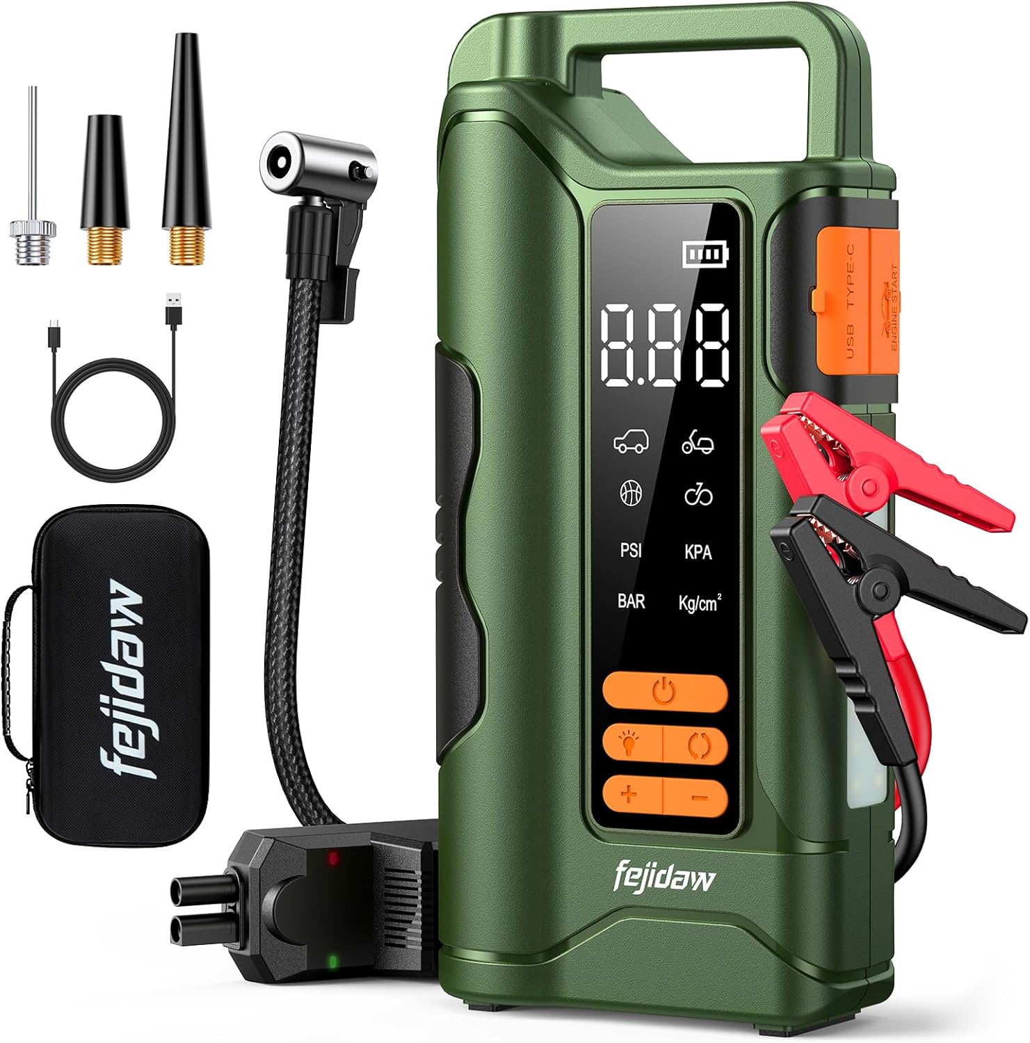 Jump Starter with Air Compressor,5000A Car Battery Jumper Starter, 16000mAh Battery Jumper Starter Portable for 10L Gas/Diesel Engine with 160PSI Booster,LED Display  Light,Jumper Cables