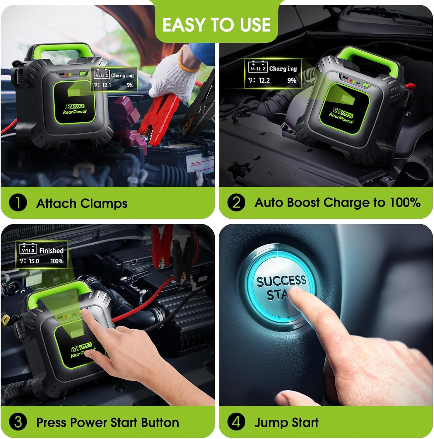 KeenPower 6000A Super Capacitor Jump Starter [Upgraded Clamps  Screen Version] – No Traditional Battery, Powered by 6X 3000F Supercapacitors, Works in -45°F Env, 3-Mins Fast Charging for Instant Use