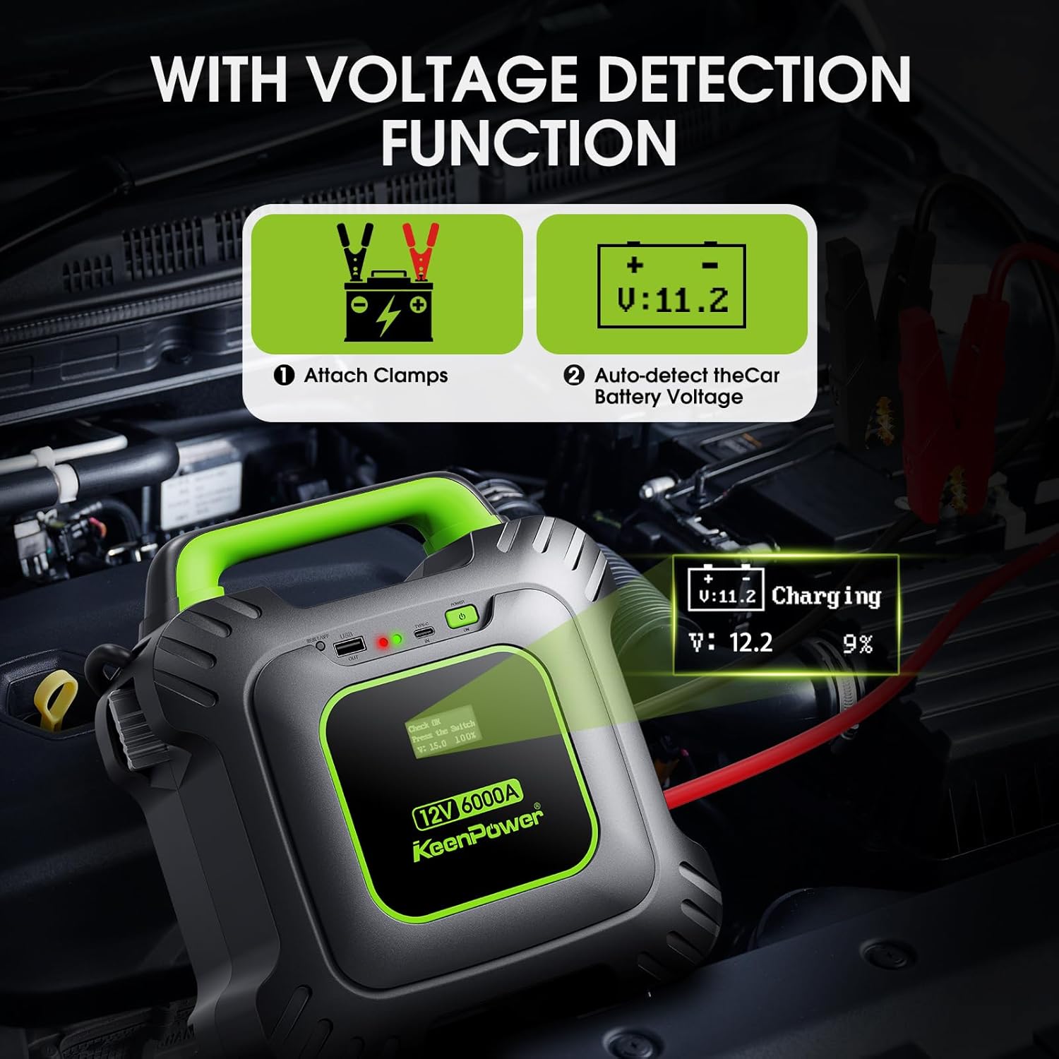 KeenPower 6000A Super Capacitor Jump Starter [Upgraded Clamps  Screen Version] – No Traditional Battery, Powered by 6X 3000F Supercapacitors, Works in -45°F Env, 3-Mins Fast Charging for Instant Use