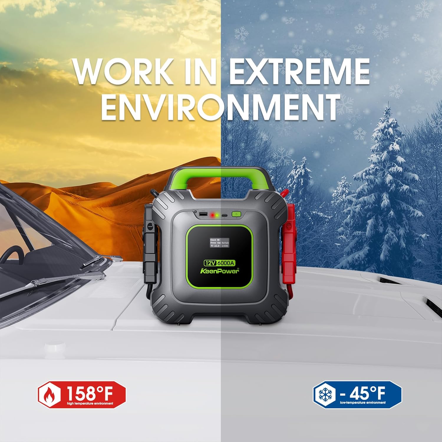 KeenPower 6000A Super Capacitor Jump Starter [Upgraded Clamps  Screen Version] – No Traditional Battery, Powered by 6X 3000F Supercapacitors, Works in -45°F Env, 3-Mins Fast Charging for Instant Use