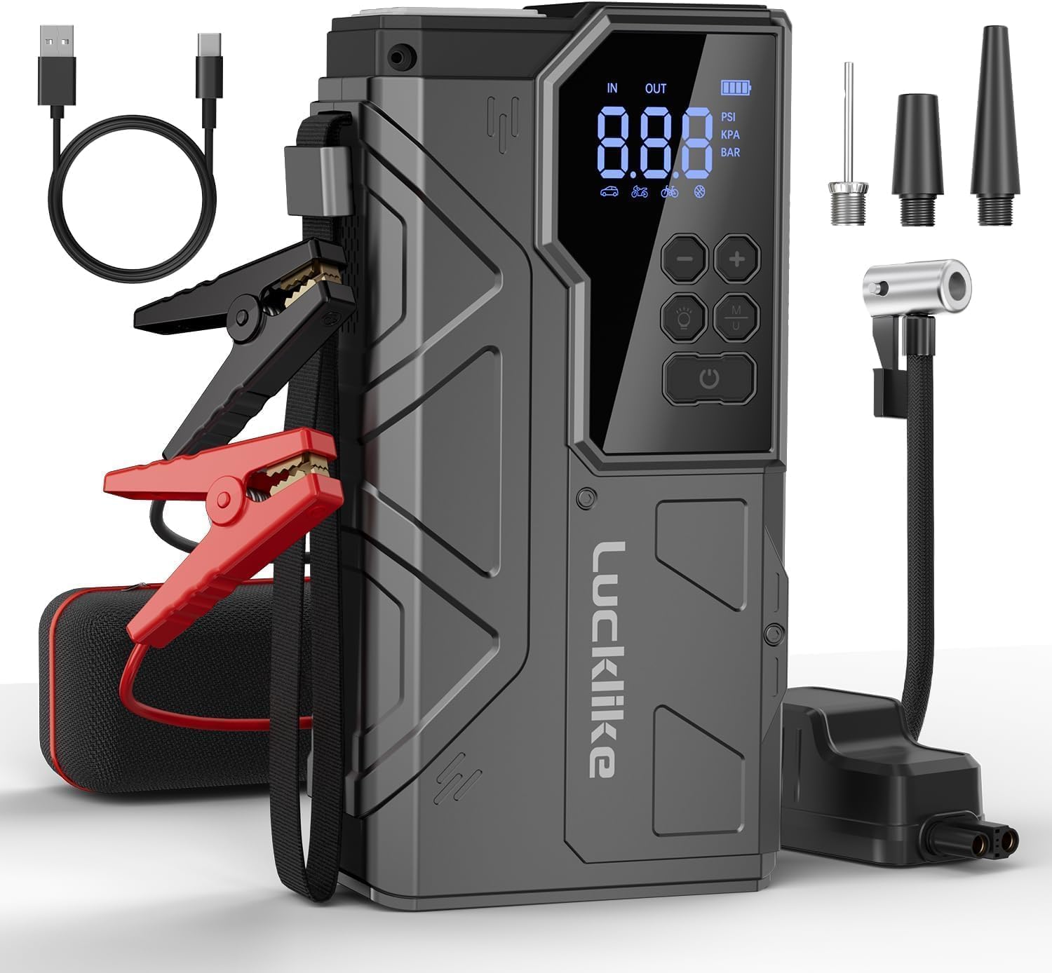 Lucklike W210 Jump Starter with Air Compressor PSI, 12V 6000A Peak Lithium Car Battery Jump Starter for All Gas and 10.0L Diesel, 80.66Wh Booster Jump Box Pack with LED Light, Jumper Cables
