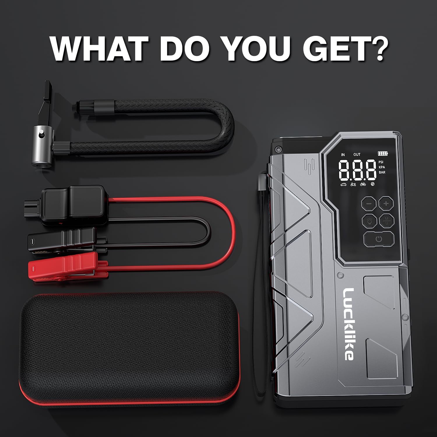 Lucklike W210 Jump Starter with Air Compressor 150 PSI, 12V 6000A Peak Lithium Car Battery Jump Starter for All Gas and 10.0L Diesel, 80.66Wh Booster Jump Box Pack with LED Light, Jumper Cables