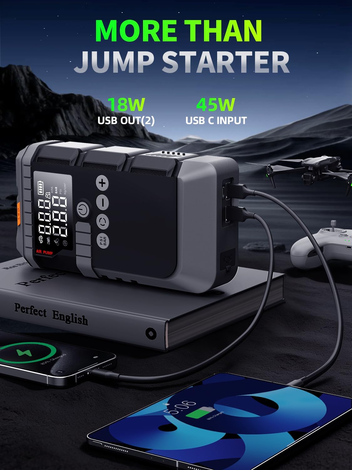 Portable Car Battery Jump Starter with Air Compressor, 6000A Car Battery Booster (All Gas/12L Diesel) with 45W Fast Charge, 160PSI Auto-Shut Off Tire Inflator,LED Light, Jumper Cables,Golves