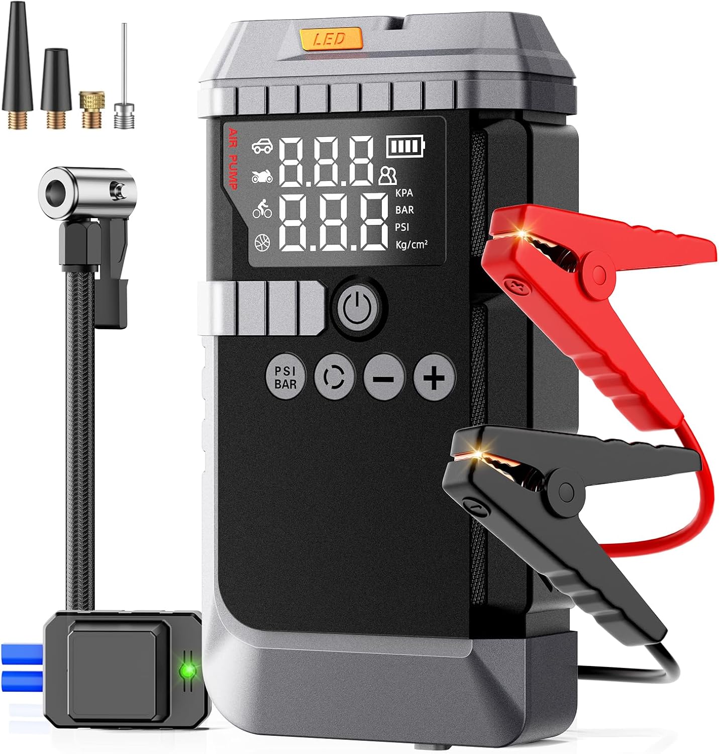 Portable Car Battery Jump Starter with Air Compressor, 6000A Car Battery Booster (All Gas/12L Diesel) with 45W Fast Charge, 160PSI Auto-Shut Off Tire Inflator,LED Light, Jumper Cables,Golves