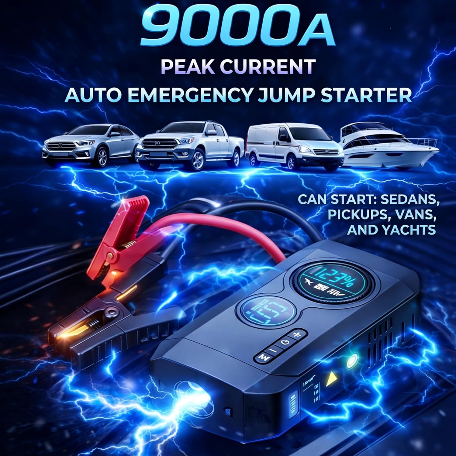 Portable Car Battery Jump Starter with Air Compressor 9000A Jumper Pack 200PSI Tire Inflator Jump Box 4-in-1 Car Emergency Tool with Power Bank Gift for Car Owners