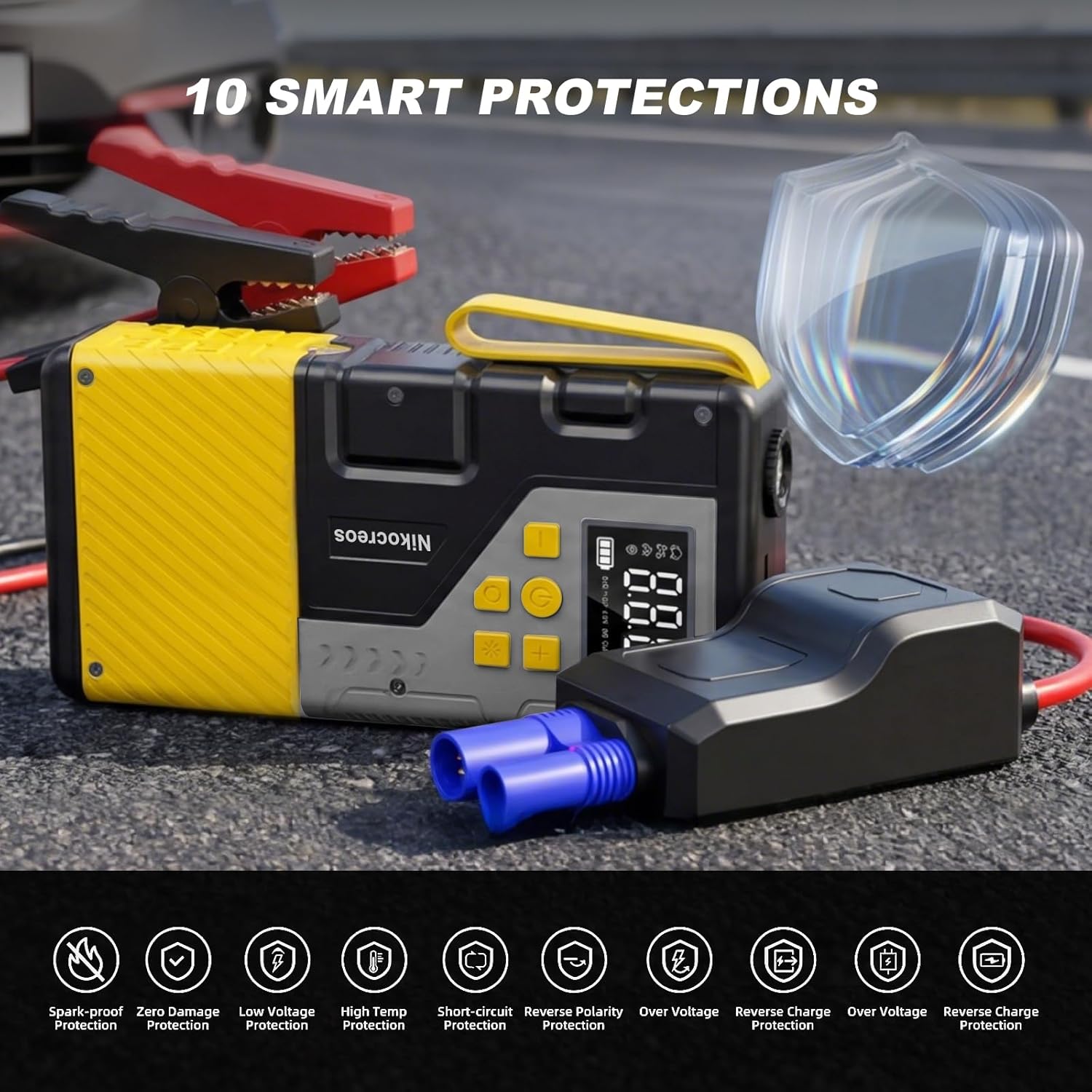 Portable Car Jump Starter with Air Compressor for Emergencies,3000A Peak and PSI Max,for 12L Gas  10L Diesel Engines,LCD Display,LED Light