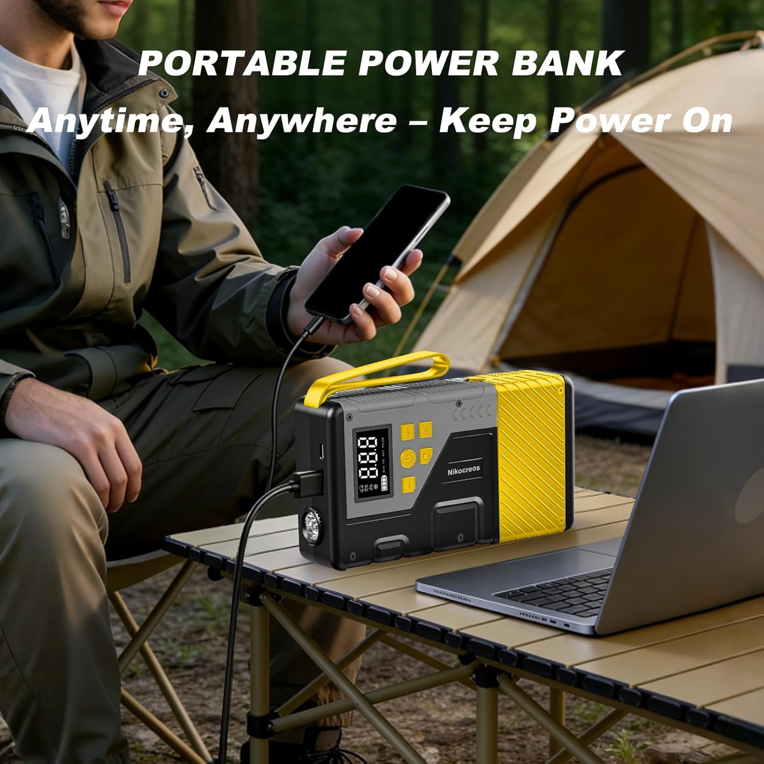 Portable Car Jump Starter with Air Compressor for Emergencies,3000A Peak and PSI Max,for 12L Gas  10L Diesel Engines,LCD Display,LED Light