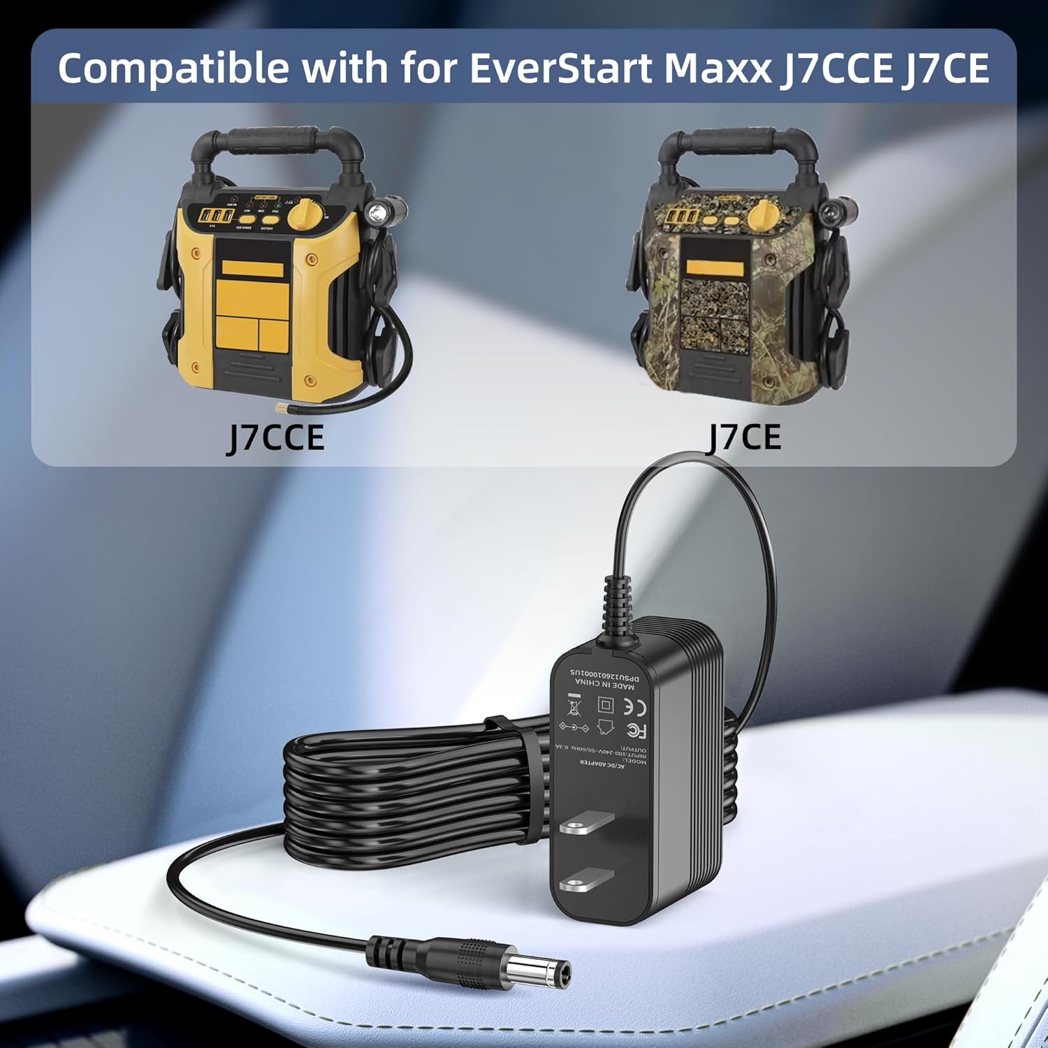 Power Cord for EverStart Maxx Jump Starter, 12V DC Adapter for Ever Start Max J7CCE J7CE 800A Peak Amps Battery Car Jump Starter PSI Air Compressor 3.1A USB Power LED Camo