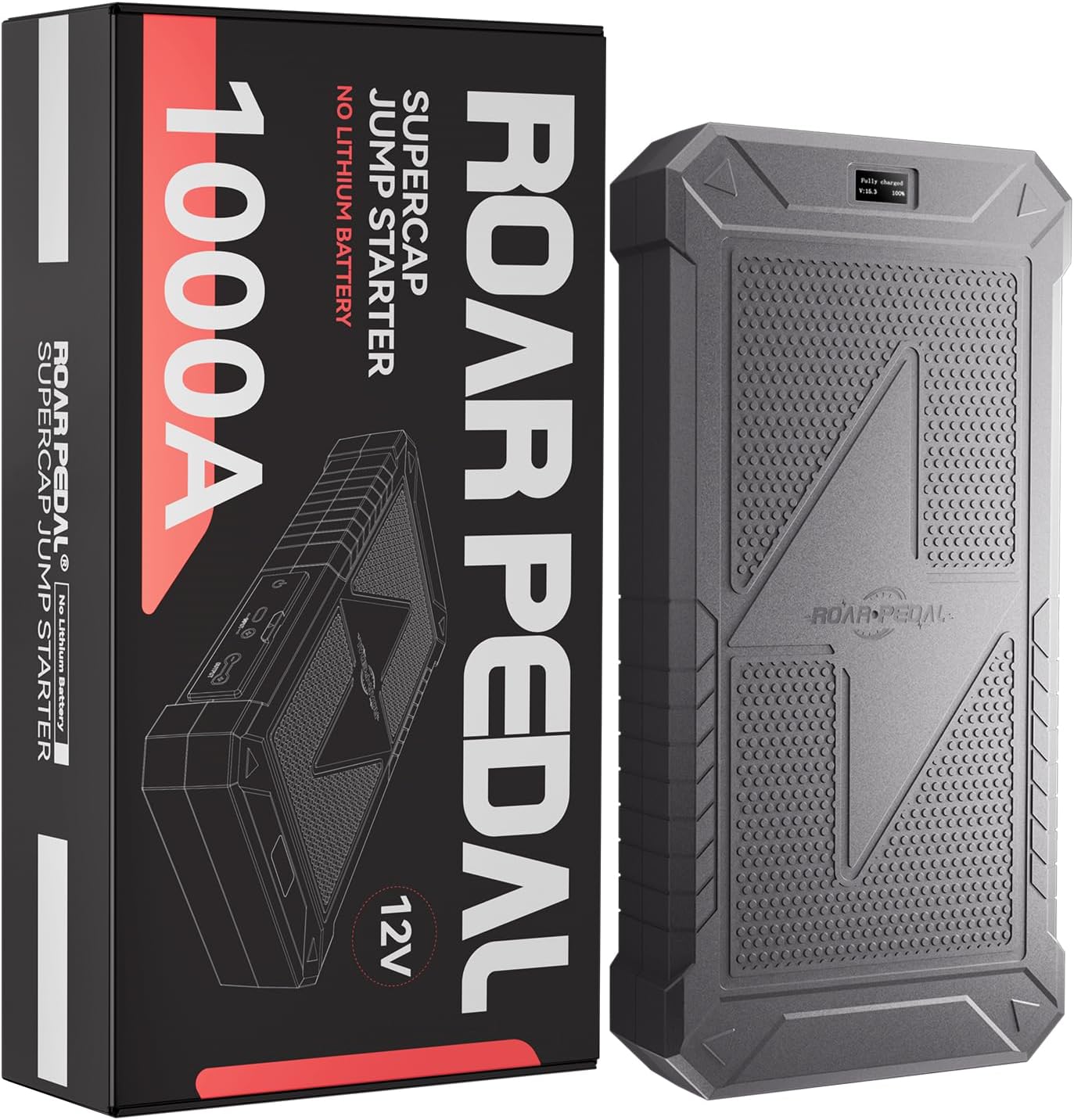 Roar Pedal Super Capacitor Jump Starter, No Need Pre-Charge No Battery 12V Portable Car Jump Starter for All 12V Gas and Diesel Car, Portable Jump Box with Display