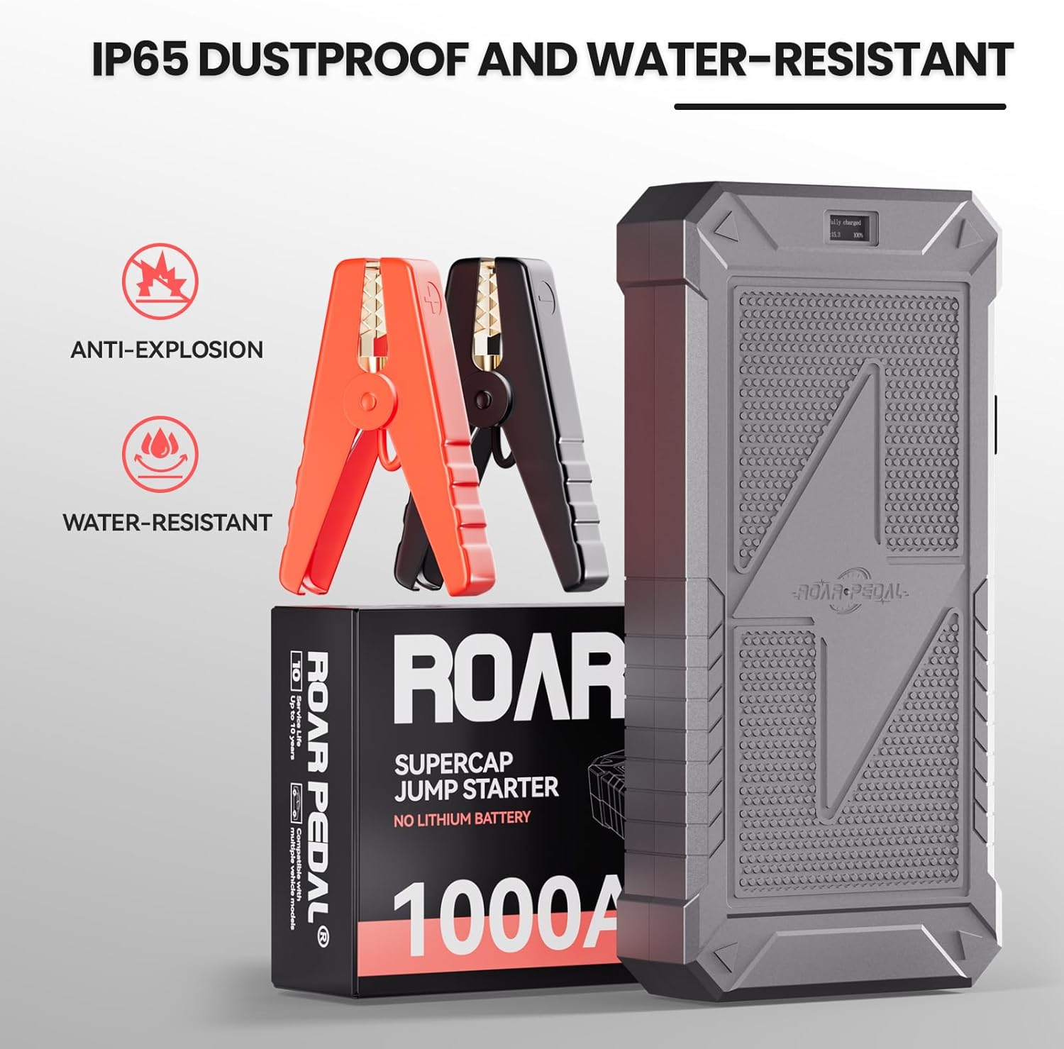 Roar Pedal Super Capacitor Jump Starter, No Need Pre-Charge No Battery 12V Portable Car Jump Starter for All 12V Gas and Diesel Car, Portable Jump Box with Display