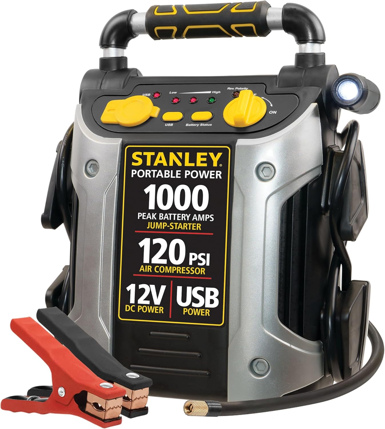 STANLEY J5C09 Peak Amp Automotive Jump Starter, Portable Power – 2.1A/10W USB Port, 12V Outlet, PSI Air Compressor for Tires, Bikes  Sports Equipment