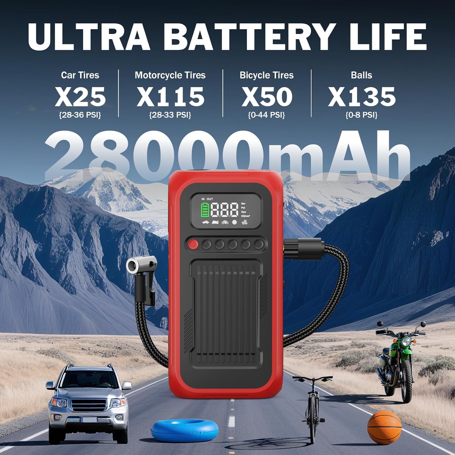 Tire Inflator Portable Air Compressor,12V Car Battery Jump Starter,5X Faster Air Pump For Car Tire with Digital Tire Pressure GaugeLED LightAuto Shut-Off,Cordless Pump for Car,Motor,Bicycle,ball