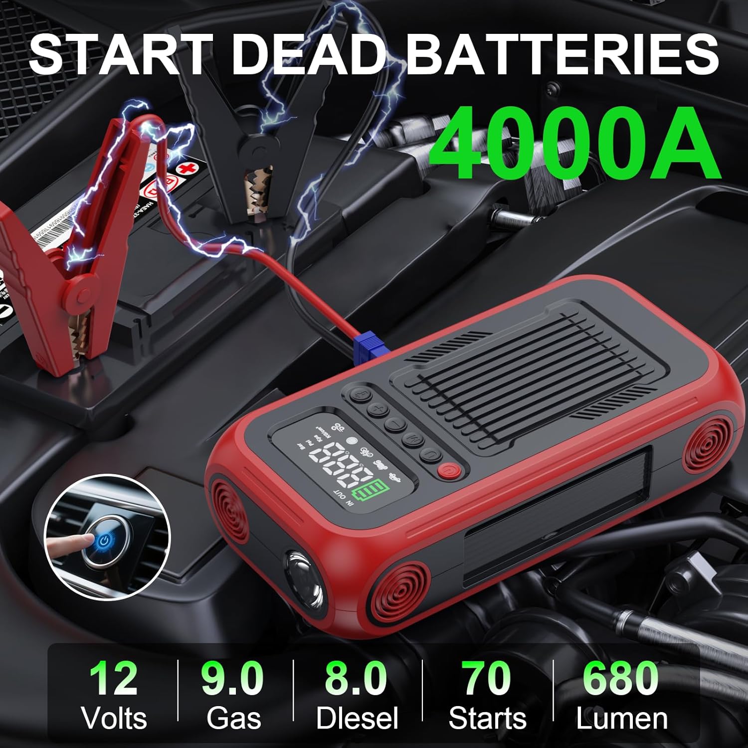 Tire Inflator Portable Air Compressor,12V Car Battery Jump Starter,5X Faster Air Pump For Car Tire with Digital Tire Pressure GaugeLED LightAuto Shut-Off,Cordless Pump for Car,Motor,Bicycle,ball
