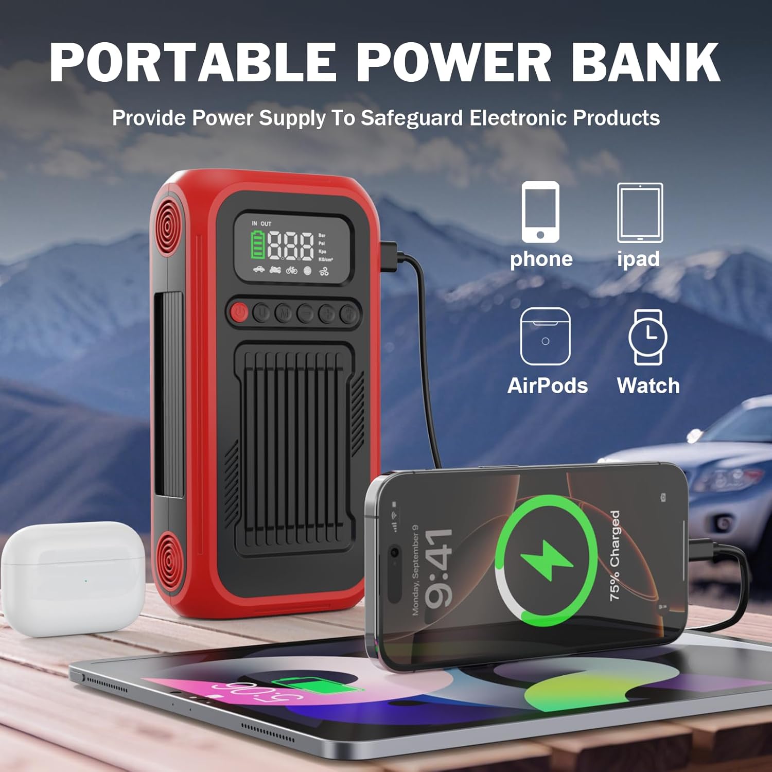 Tire Inflator Portable Air Compressor,12V Car Battery Jump Starter,5X Faster Air Pump For Car Tire with Digital Tire Pressure GaugeLED LightAuto Shut-Off,Cordless Pump for Car,Motor,Bicycle,ball