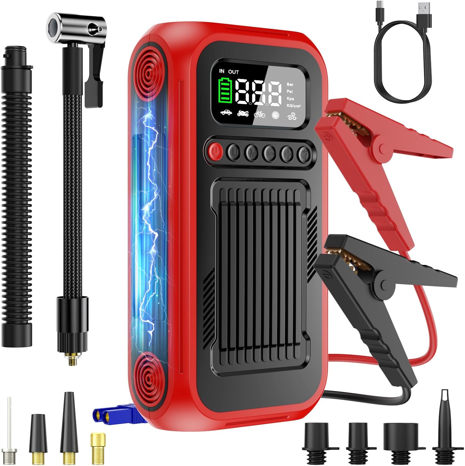 Tire Inflator Portable Air Compressor,12V Car Battery Jump Starter,5X Faster Air Pump For Car Tire with Digital Tire Pressure GaugeLED LightAuto Shut-Off,Cordless Pump for Car,Motor,Bicycle,ball