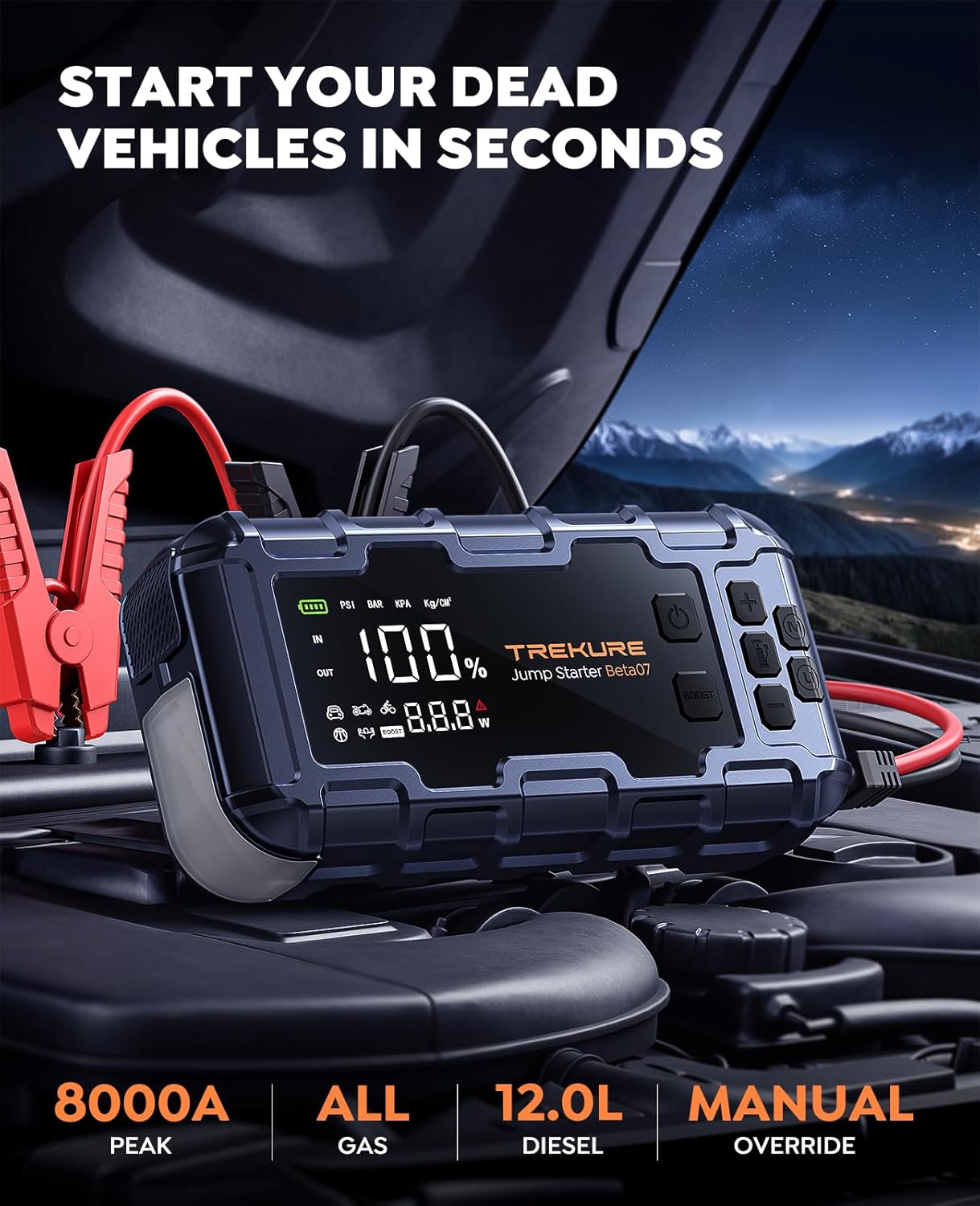 TREKURE 10-in-1 Car Battery Jump Starter Box with Jump Cables  Gloves for All Gas  12L Diesel, 8000A Portable Battery Charger with Air Compressor, 160PSI, PD45W Charging