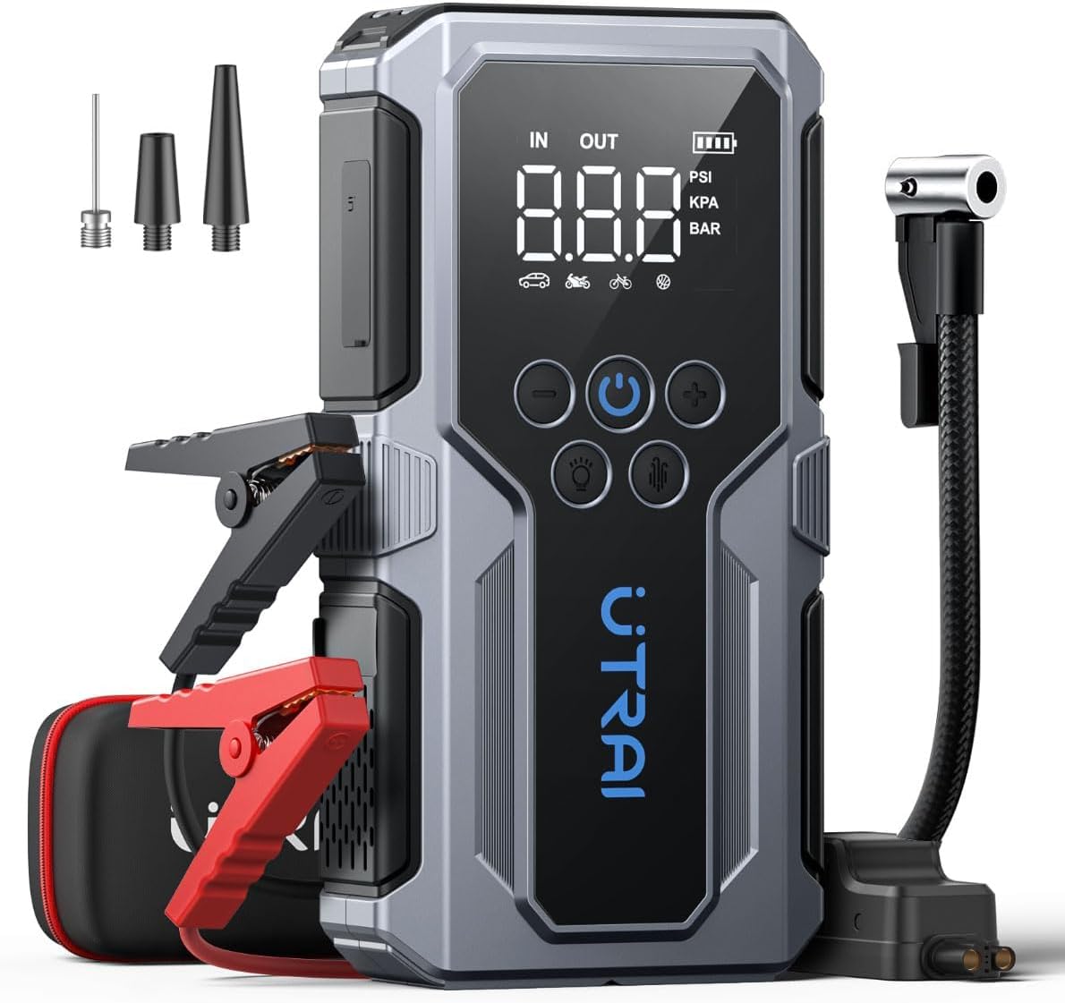 UTRAI Jump Starter with Air Compressor, 4000A Battery Jumper Starter Portable with 150PSI Tire Inflator, 18W Fast Charge, Emergency Light, 12V Jump Box for 8.5L Gas  6.5L Diesel Engines, Storage Case