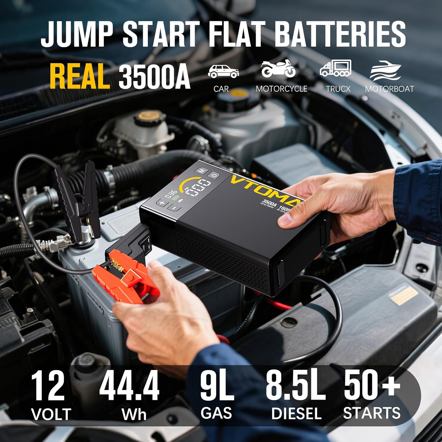 VTOMAN X3 Jump Starter with Air Compressor, 3500A Portable Car Battery Jumper Starter (9L Gas/8.5L Diesel Engines) with 160PSI Auto-Shutoff Tire Inflator, 12V Lithium Battery Booster Pack, Jump Box