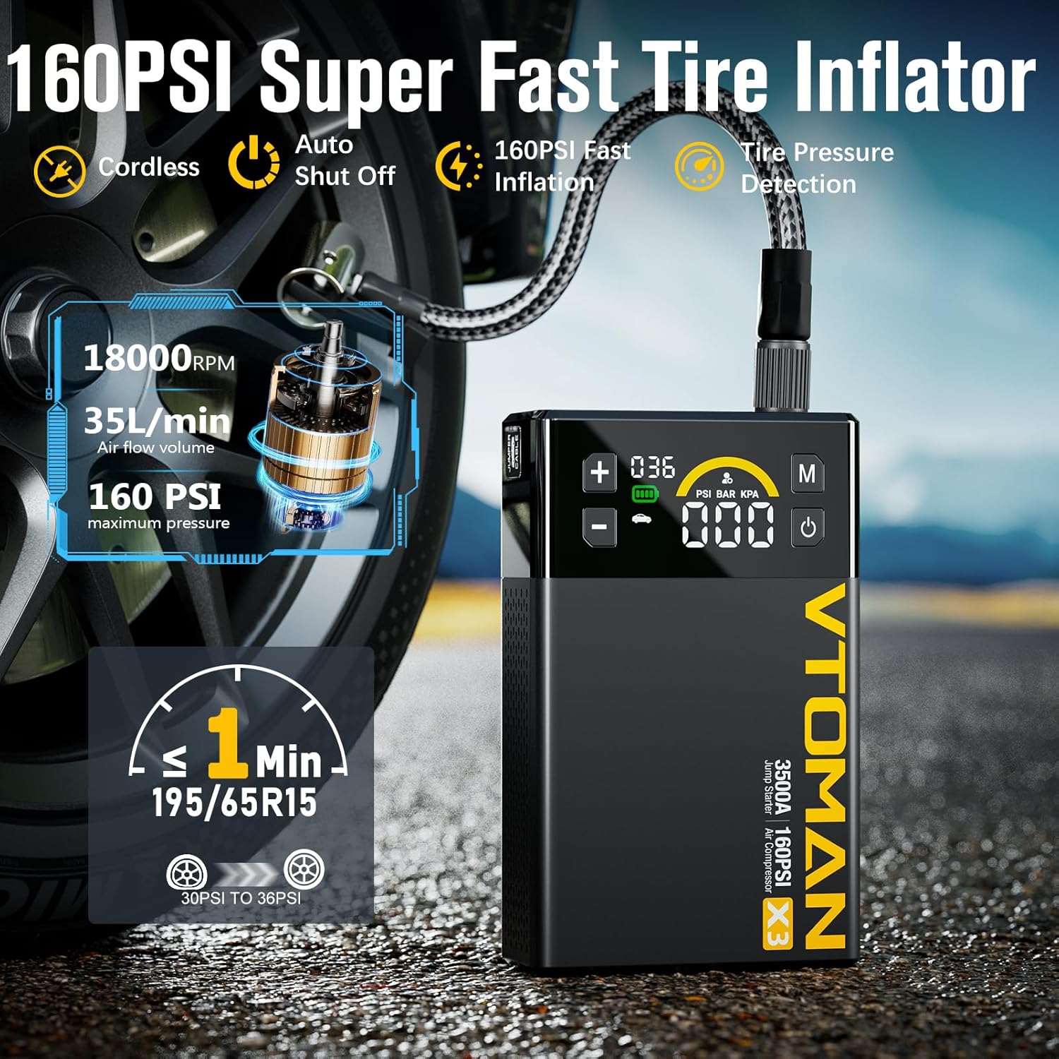 VTOMAN X3 Jump Starter with Air Compressor, 3500A Portable Car Battery Jumper Starter (9L Gas/8.5L Diesel Engines) with 160PSI Auto-Shutoff Tire Inflator, 12V Lithium Battery Booster Pack, Jump Box