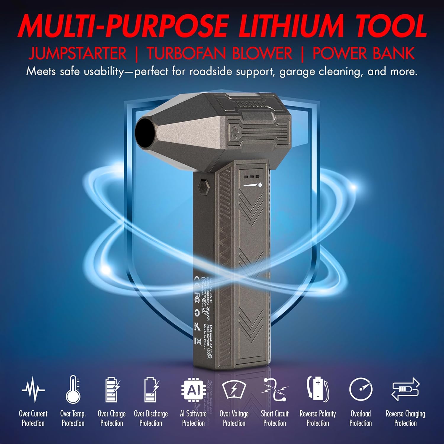 Wagan EL7610 iOnBoost V8 Jet 1200A Peak Jump Starter with Turbo Air Blower 12V Portable Lithium Car Battery Up to 4.0L V8 or 2.0L Diesel 95,000RPM Cordless Jet Blower Power Bank, for Car Home Use