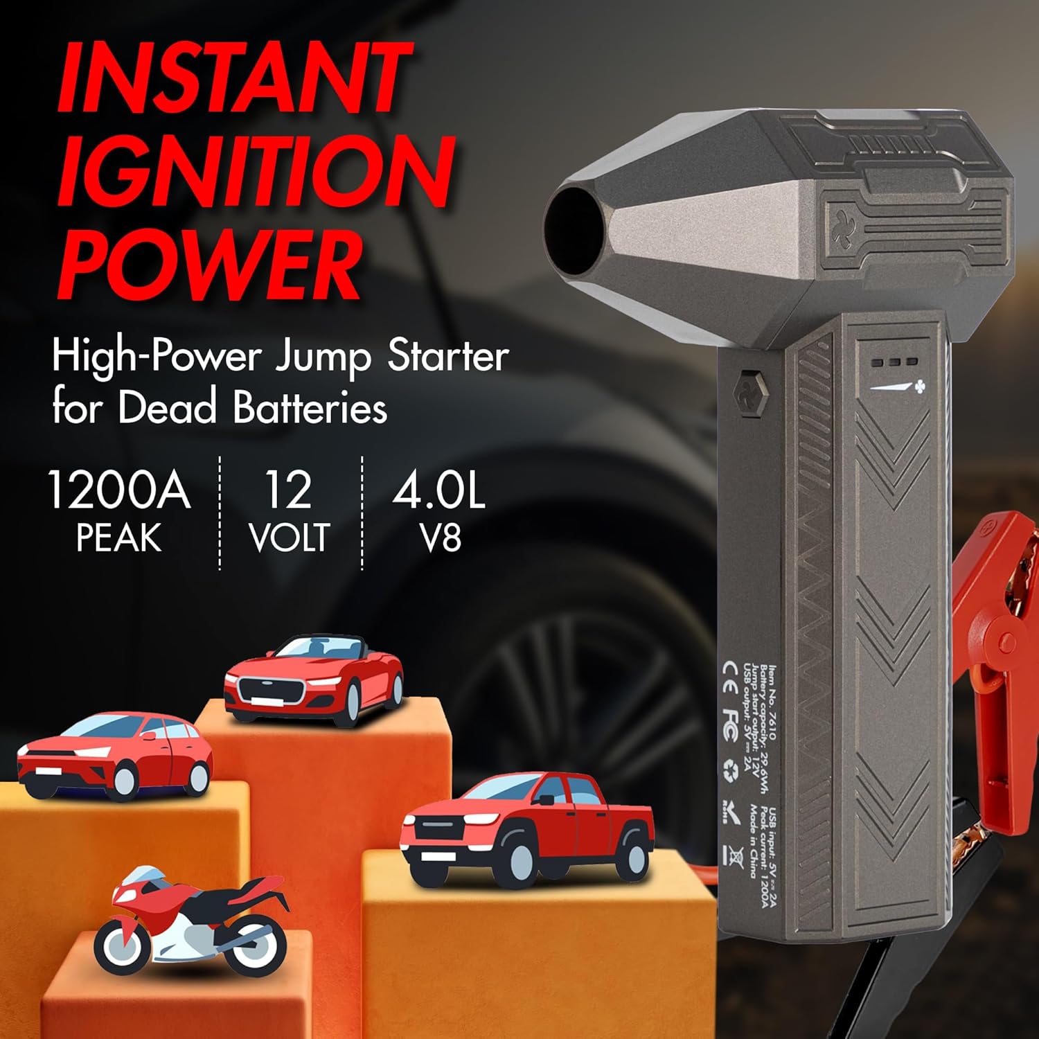 Wagan EL7610 iOnBoost V8 Jet 1200A Peak Jump Starter with Turbo Air Blower 12V Portable Lithium Car Battery Up to 4.0L V8 or 2.0L Diesel 95,000RPM Cordless Jet Blower Power Bank, for Car Home Use