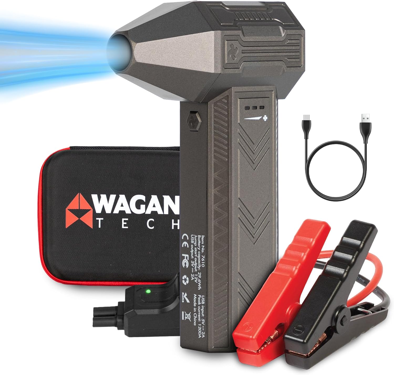 Wagan EL7610 iOnBoost V8 Jet 1200A Peak Jump Starter with Turbo Air Blower 12V Portable Lithium Car Battery Up to 4.0L V8 or 2.0L Diesel 95,000RPM Cordless Jet Blower Power Bank, for Car Home Use