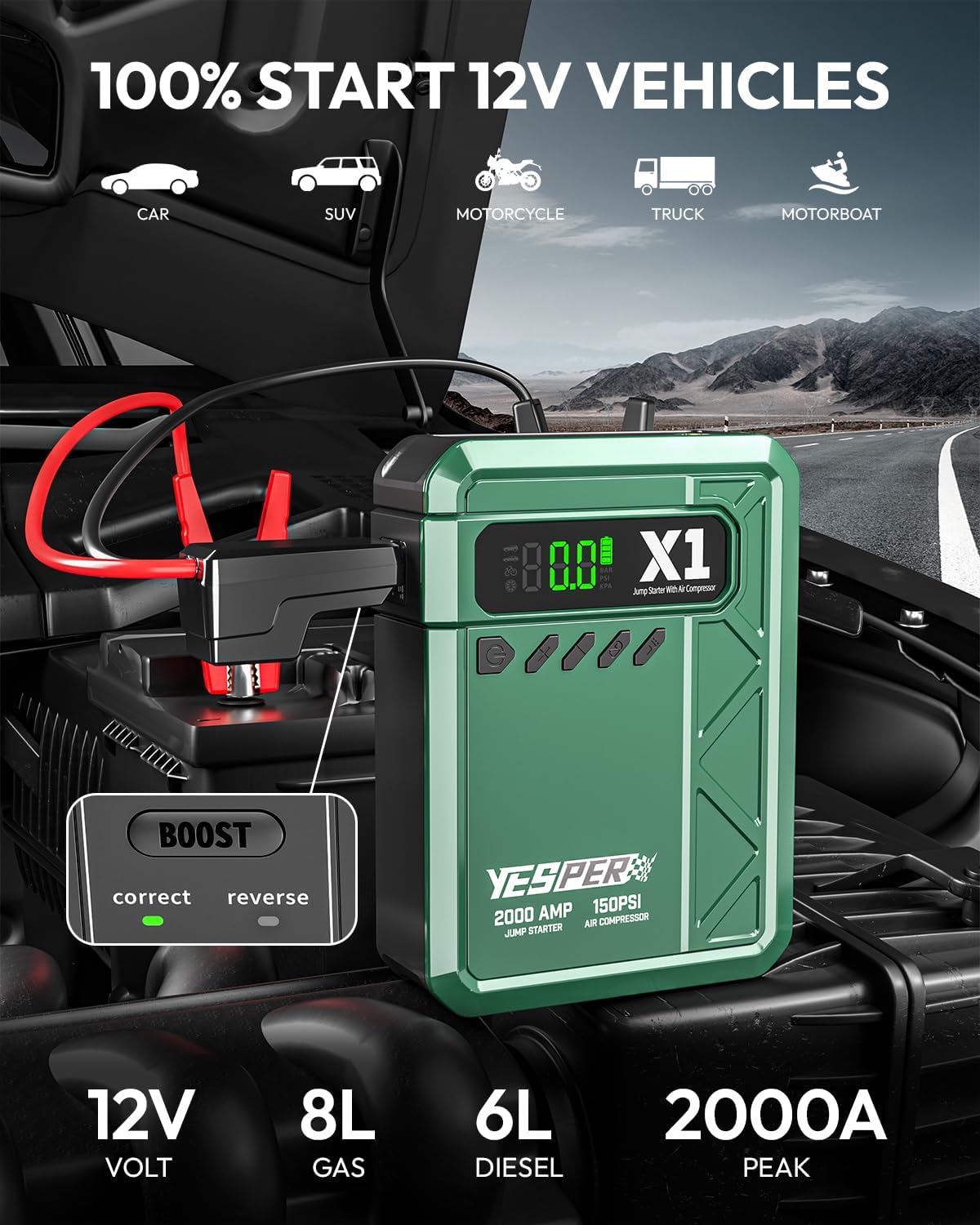 YESPER Jump Starter with Air Compressor 2000A 150PSI Battery Jumper Starter Portable(8L Gas/6L Diesel), 12V Car Jump Pack Battery Charger Jump Box with Jumper Cables, LCD Display, Lights