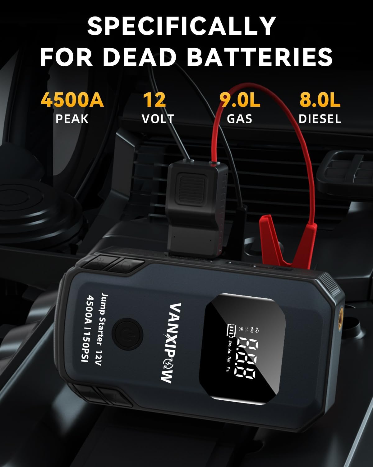 Z8 4500A Jump Starter with Air Compressor 150PSI (9.0 L Gas/8.0L Diesel), Portable Car Battery Jump Starter Battery Pack with 400 Lm LED Light, 12V Jump Box with Large LED Display, Power Bank