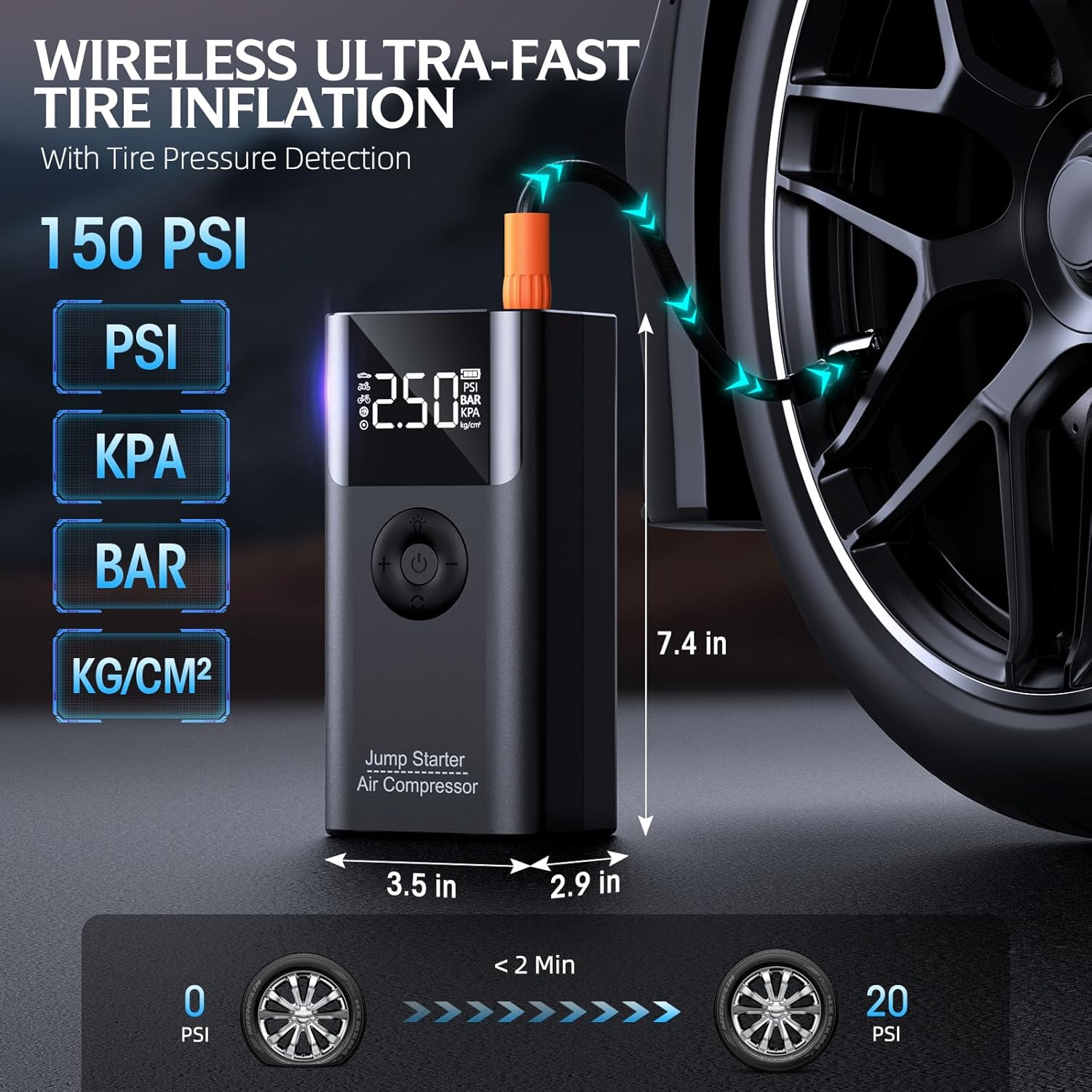 10-in-1 Jump Starter with Air Compressor, 3500A 150PSI Portable 12V Jump Box Car Battery (9 Gas/8 L Diesel), with Auto-Shutoff Tire Inflator, Power Bank, LED Lights, Large LCD Display