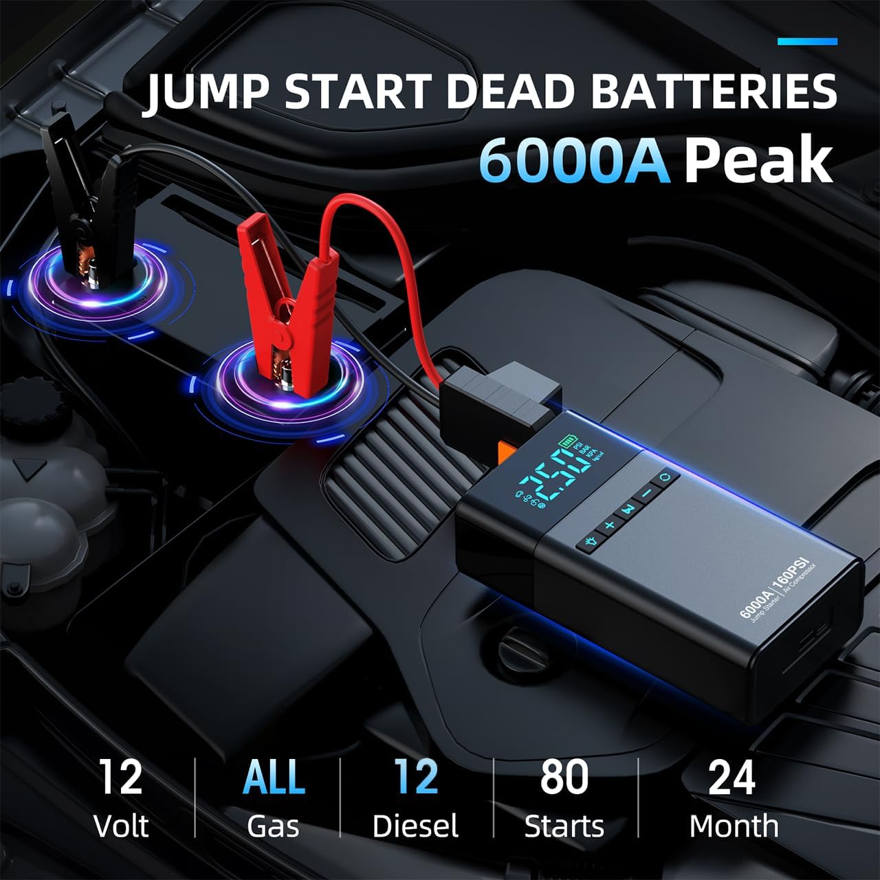 10-in-1 Portable Car Battery Jump Starter with Air Compressor, 6000A 160PSI Portable Car Jumper Starter (All Gas 12L Diesel), 12V Jump Box Car Battery Jump Starter with Jumper Cables, Lights 10-in-1 Portable Car Battery Jump Starter with Air Compressor, 6000A 160PSI Portable Car Jumper Starter (All Gas 12L Diesel), 12V Jump Box Car Battery Jump Starter with Jumper Cables, Lights