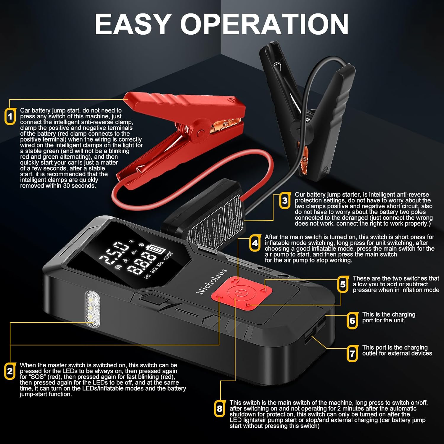 12 V Car mAh Battery Jump Starter 2800A with 150psI Air Compressor, Compact and Practical Edition QB08L Safe Smart, Portable Jump Box and Charger for 6.0L Gas and 3.0L Diesel Engines.
