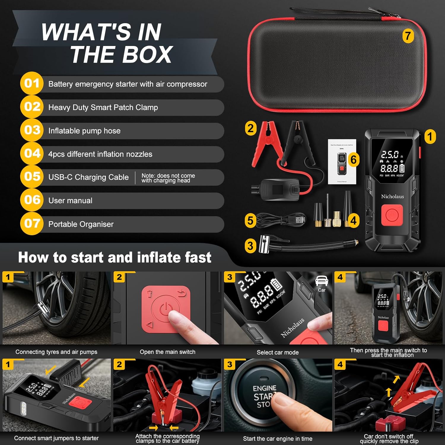 12 V Car mAh Battery Jump Starter 2800A with 150psI Air Compressor, Compact and Practical Edition QB08L Safe Smart, Portable Jump Box and Charger for 6.0L Gas and 3.0L Diesel Engines.