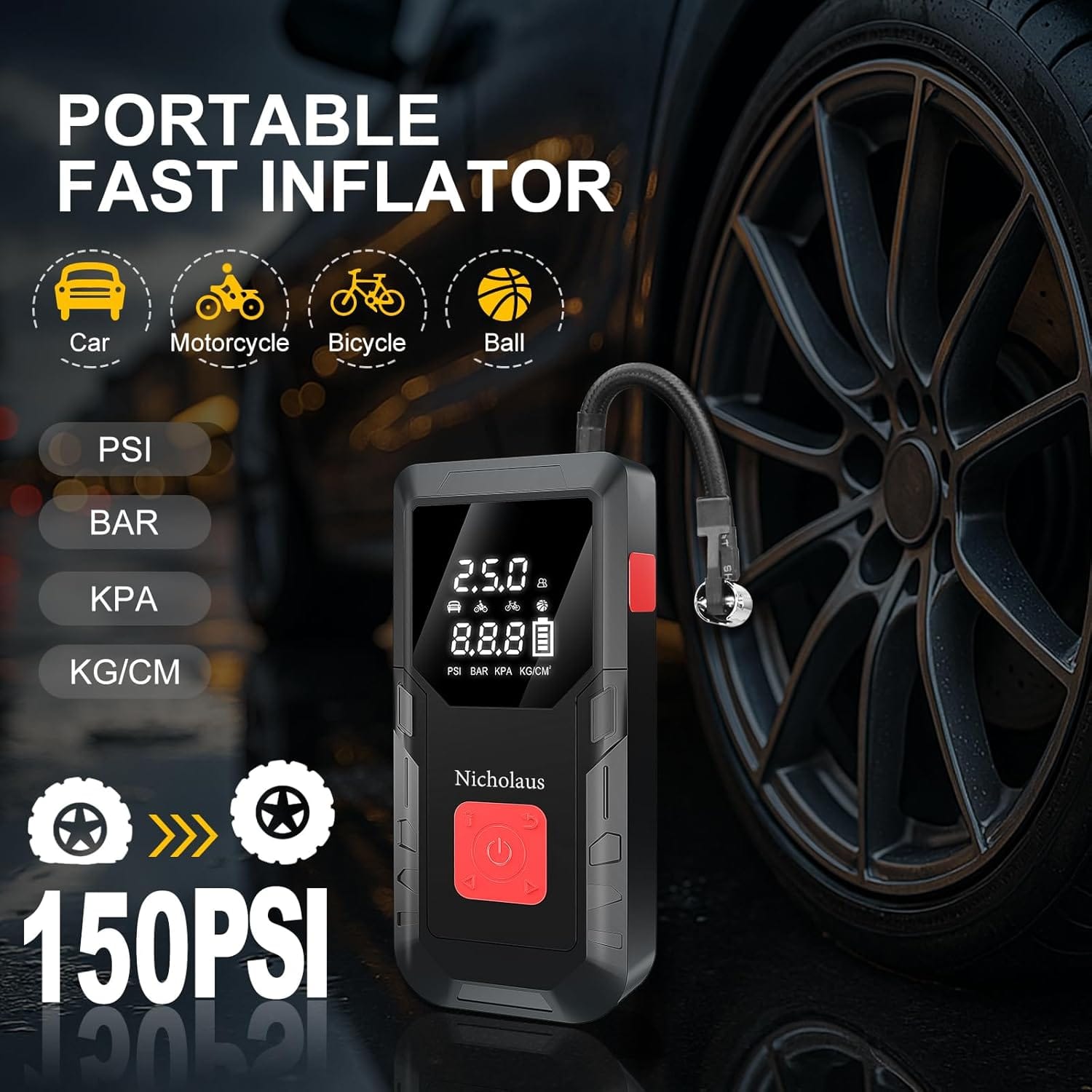 12 V Car mAh Battery Jump Starter 2800A with 150psI Air Compressor, Compact and Practical Edition QB08L Safe Smart, Portable Jump Box and Charger for 6.0L Gas and 3.0L Diesel Engines.