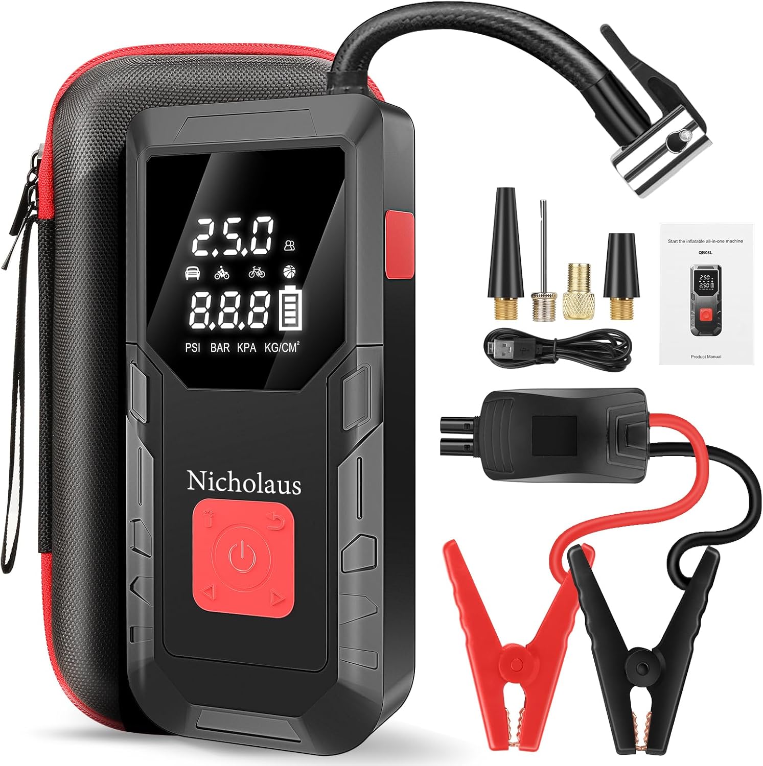 12 V Car mAh Battery Jump Starter 2800A with 150psI Air Compressor, Compact and Practical Edition QB08L Safe Smart, Portable Jump Box and Charger for 6.0L Gas and 3.0L Diesel Engines.